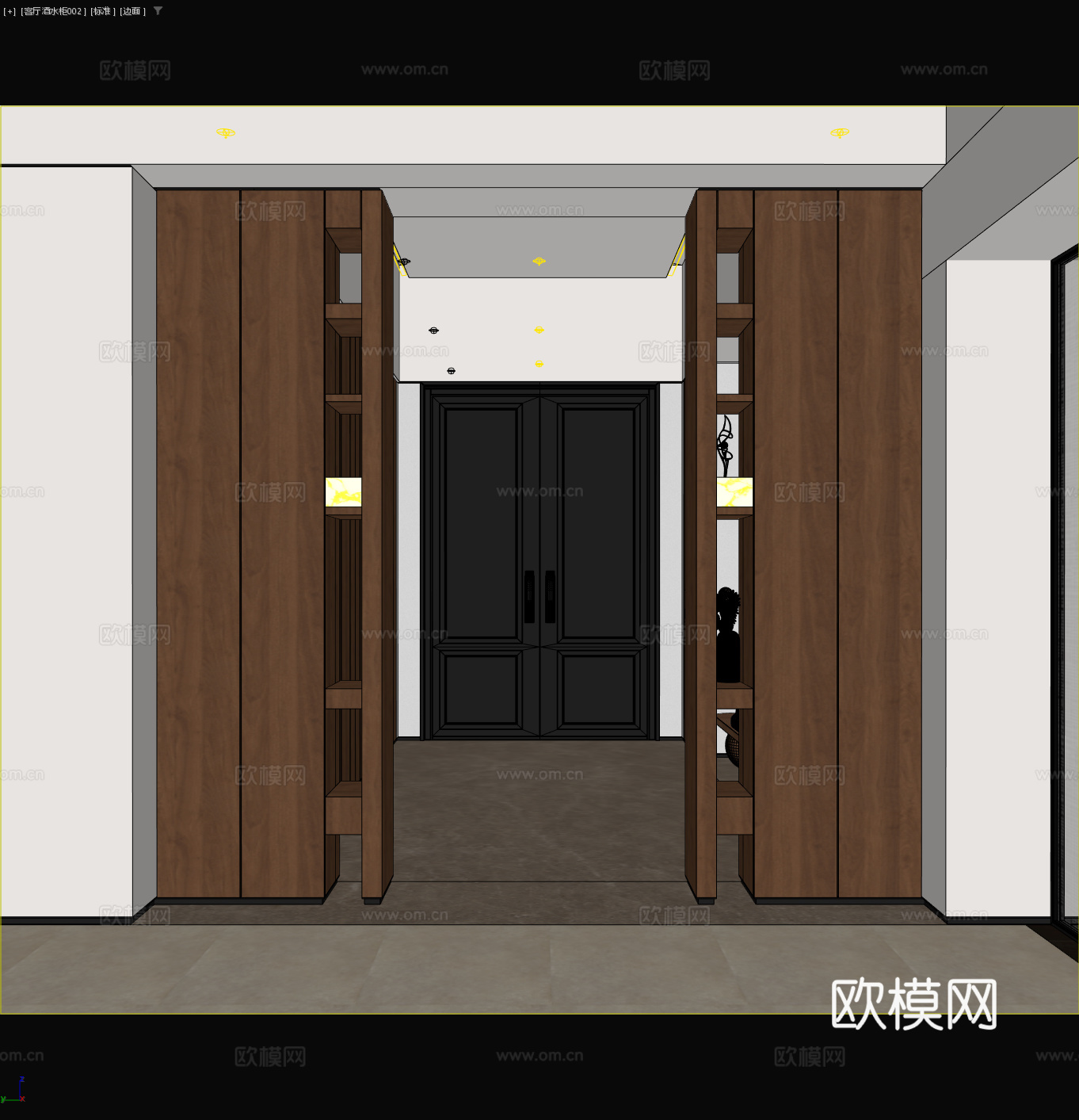 现代意式门厅垭口 中古入户玄关隔断 咖色木纹屏风隔断 双开防3d模型下载（渲染图2）