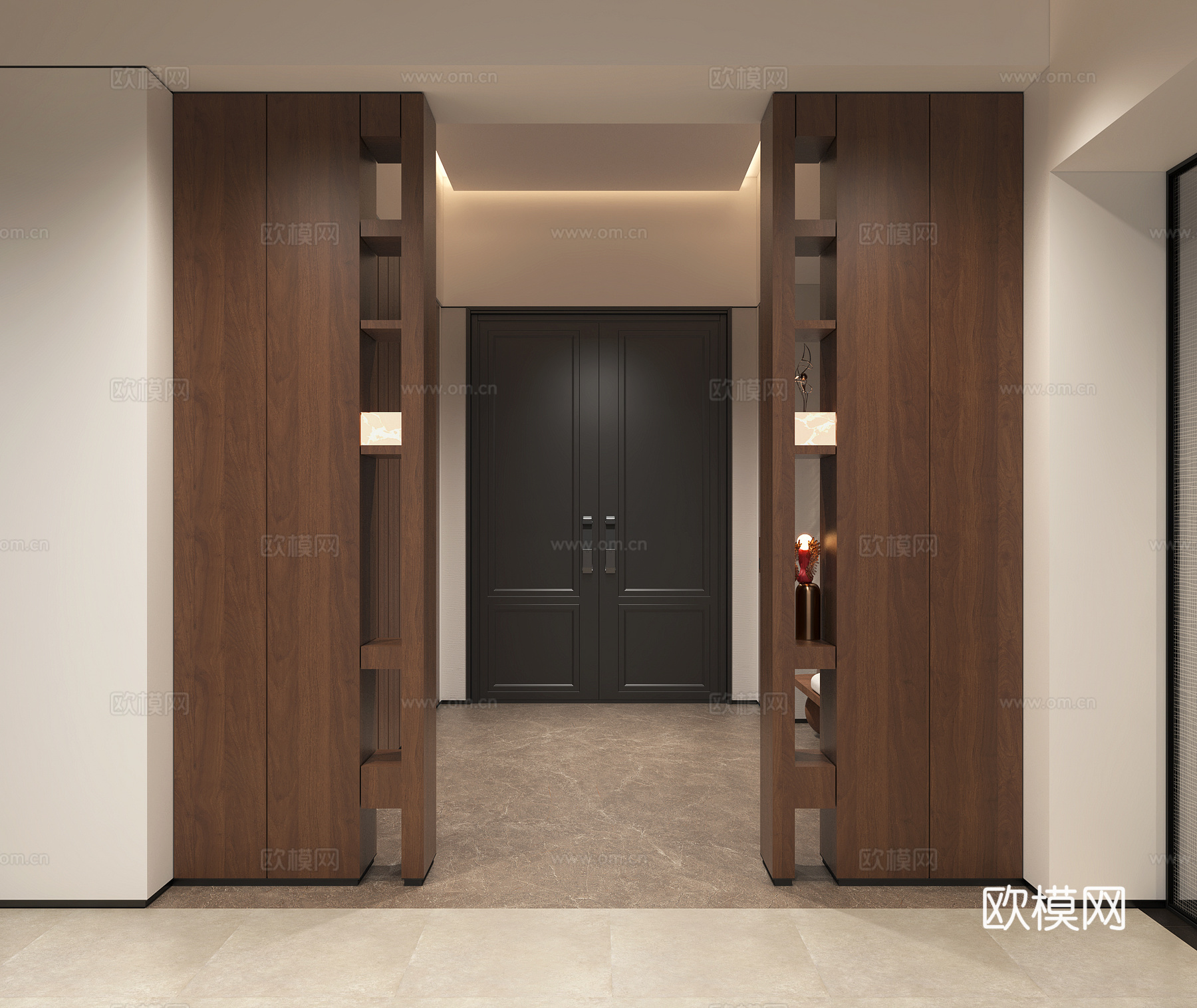现代意式门厅垭口 中古入户玄关隔断 咖色木纹屏风隔断 双开防3d模型下载（渲染图1）