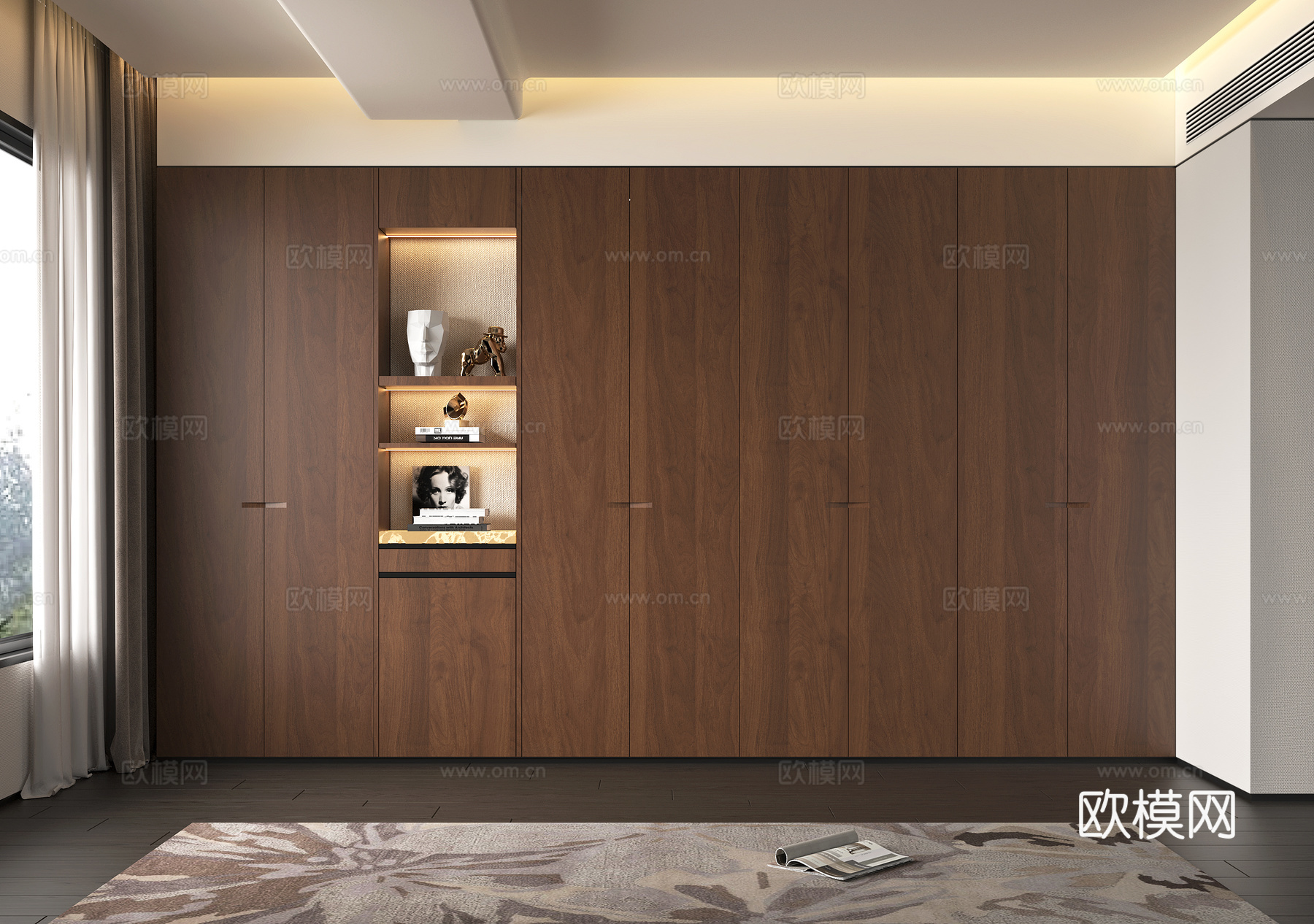 禅意中古衣柜组合 红木纹拼纹衣柜 新中式宋氏衣柜 书籍饰品摆su模型