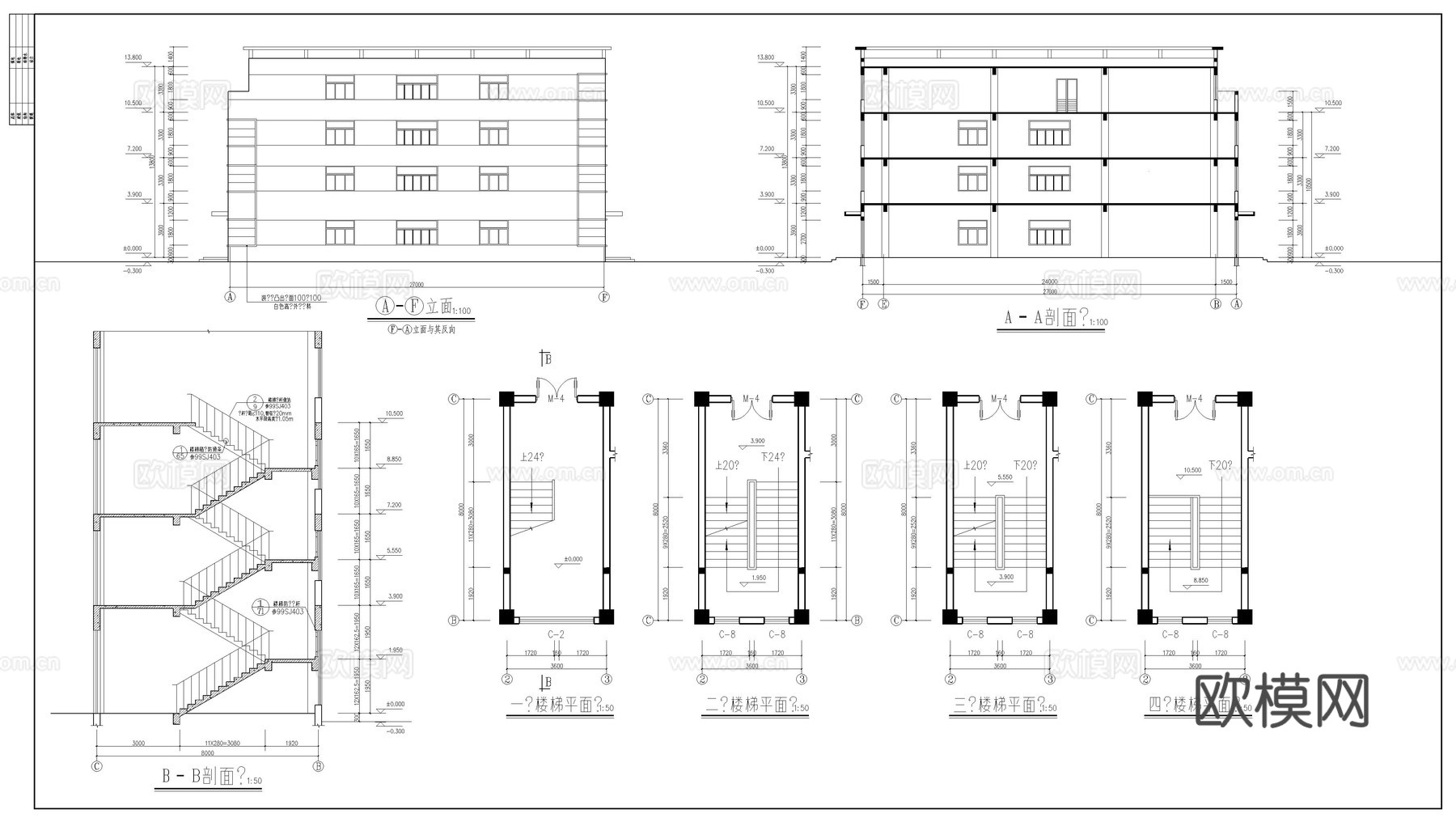四层厂房建筑施工图cad施工图