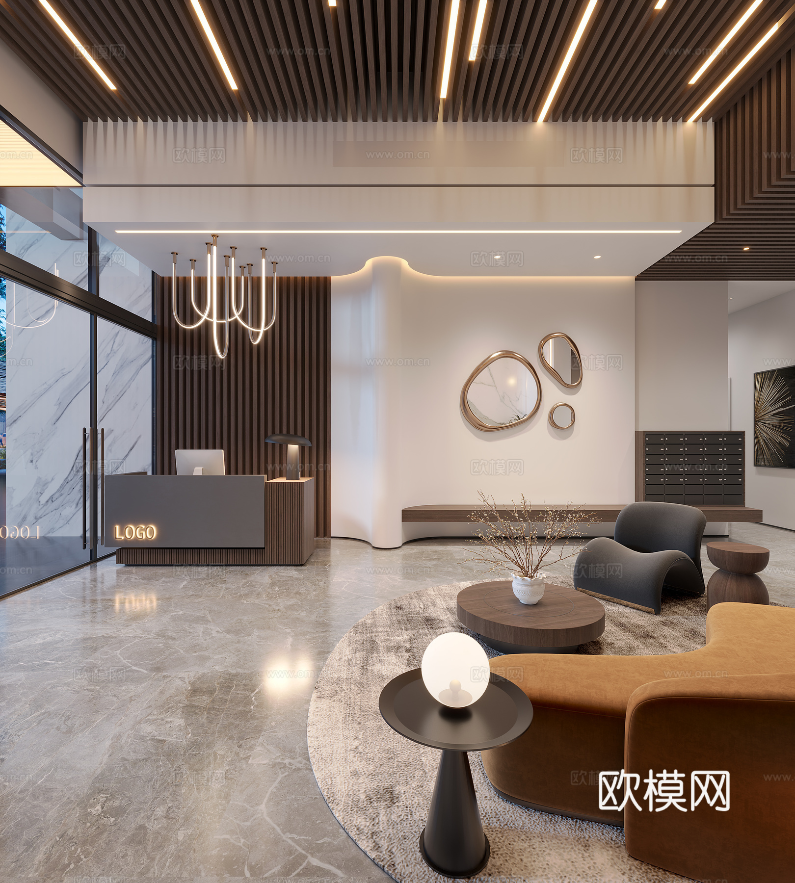 现代酒店公寓大堂 前台 接待处 门头3d模型下载_ID16042697_3dmax免费模型-欧模网