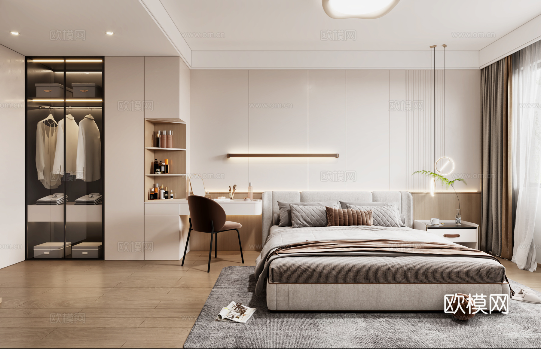 原木风卧室 衣帽间 原木风梳妆台 现代吊灯 床头小吊灯3d模型下载