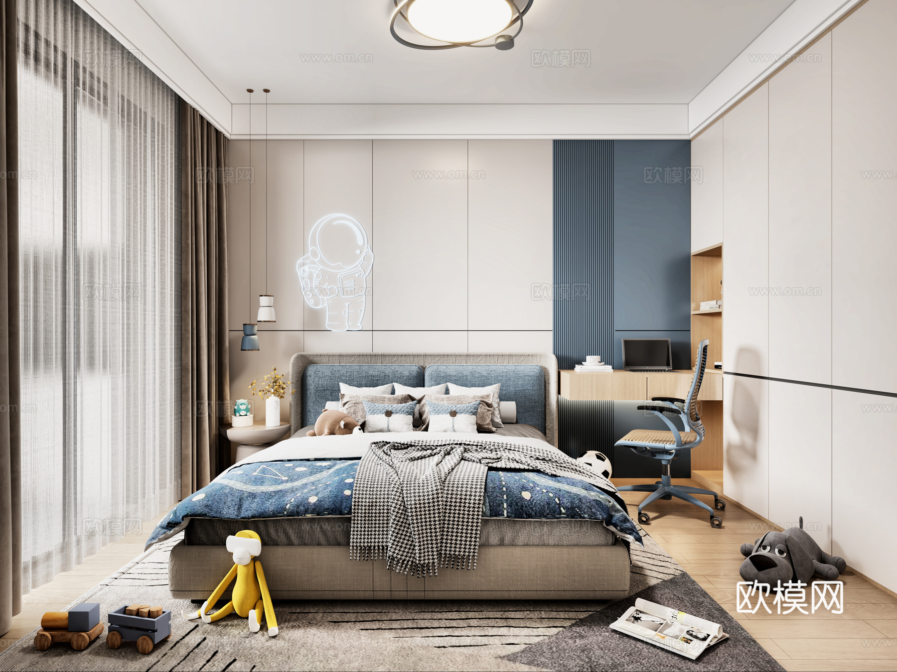 儿童房 男孩房 床头书桌 床头小吊灯 男孩床3d模型下载