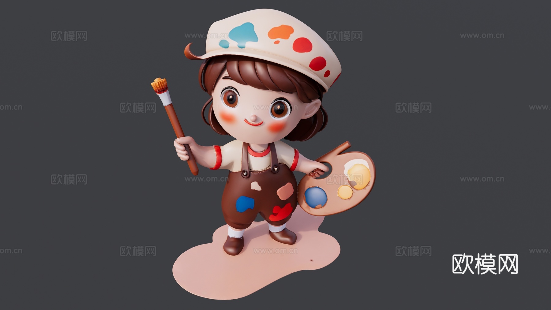 卡通手拿画笔调色盘的小女孩su模型