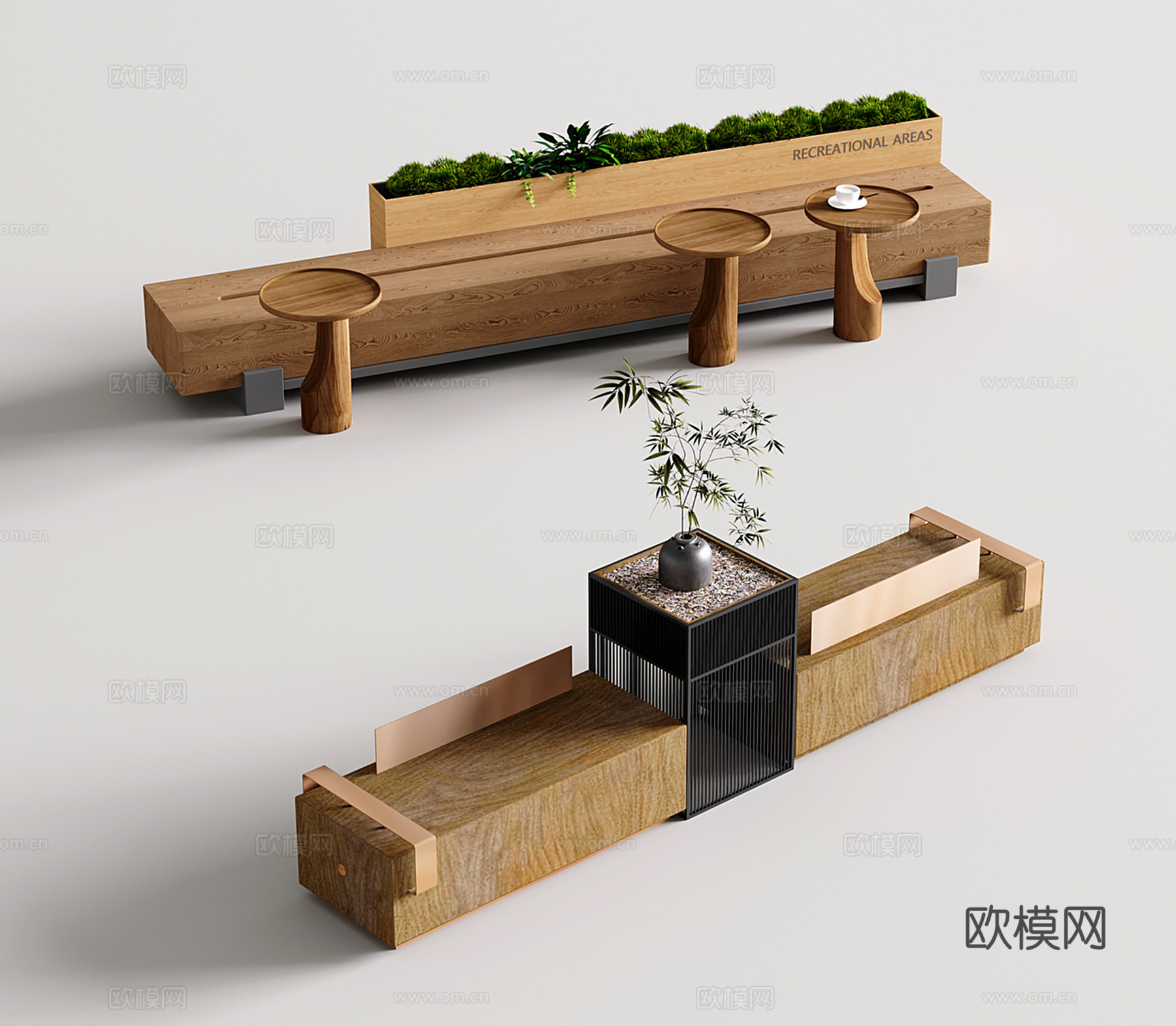 现代休闲长凳 庭院卡座 景观座椅 公共长凳su模型