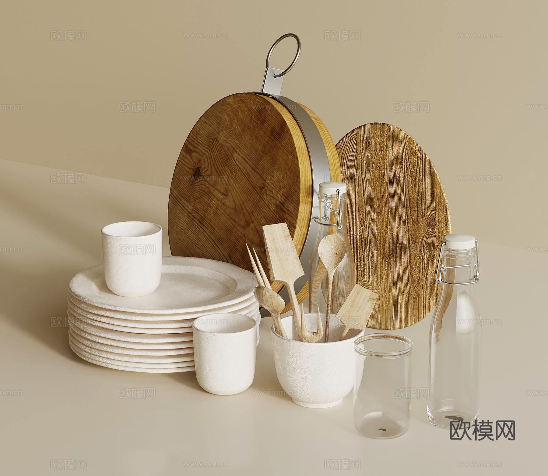 餐具摆件组合 餐盘 杯子 案板 勺子叉子su模型