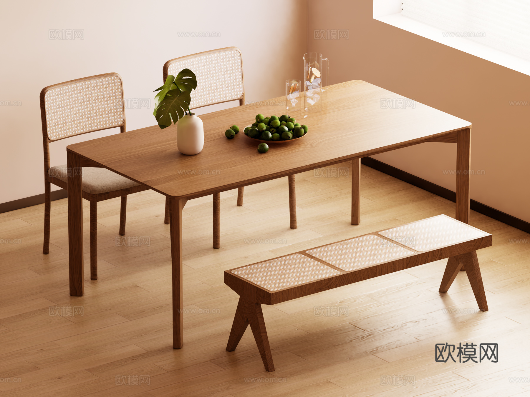 原木中古风餐桌椅组合su模型