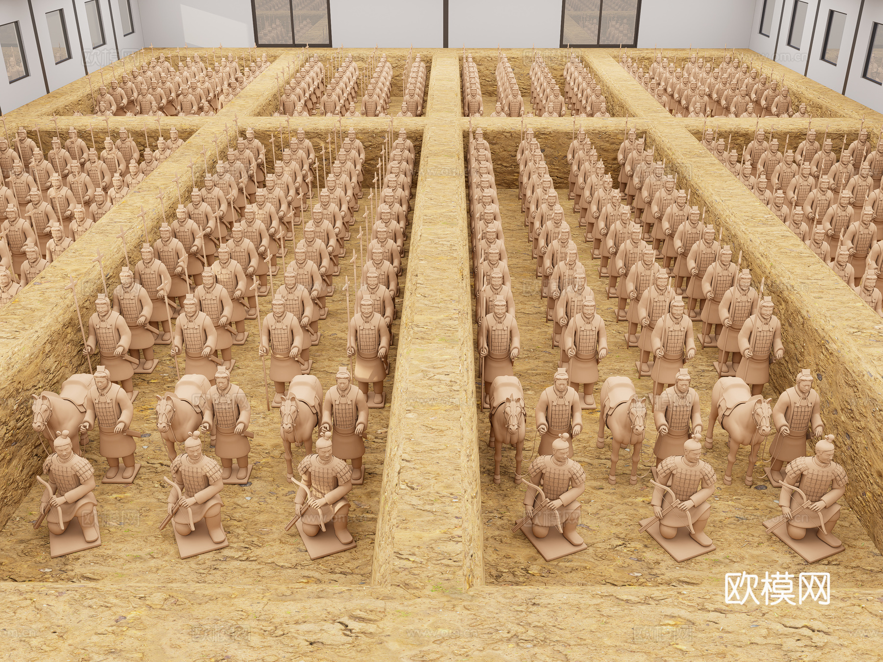 现代西安兵马俑 雕塑 秦始皇陵兵马俑 俑坑 古代雕塑小品su模型su模型