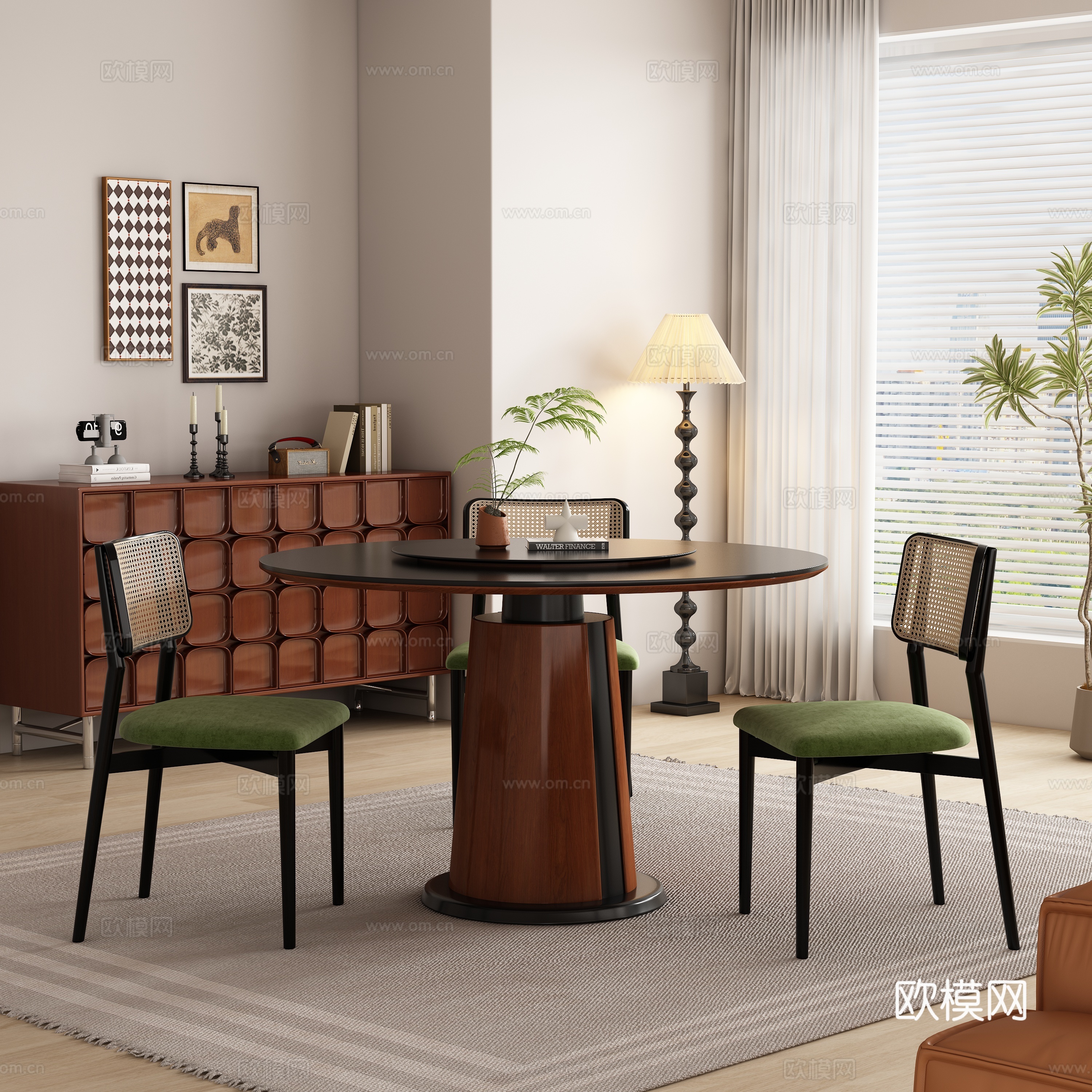 现代中古风餐厅 餐桌椅3d模型下载