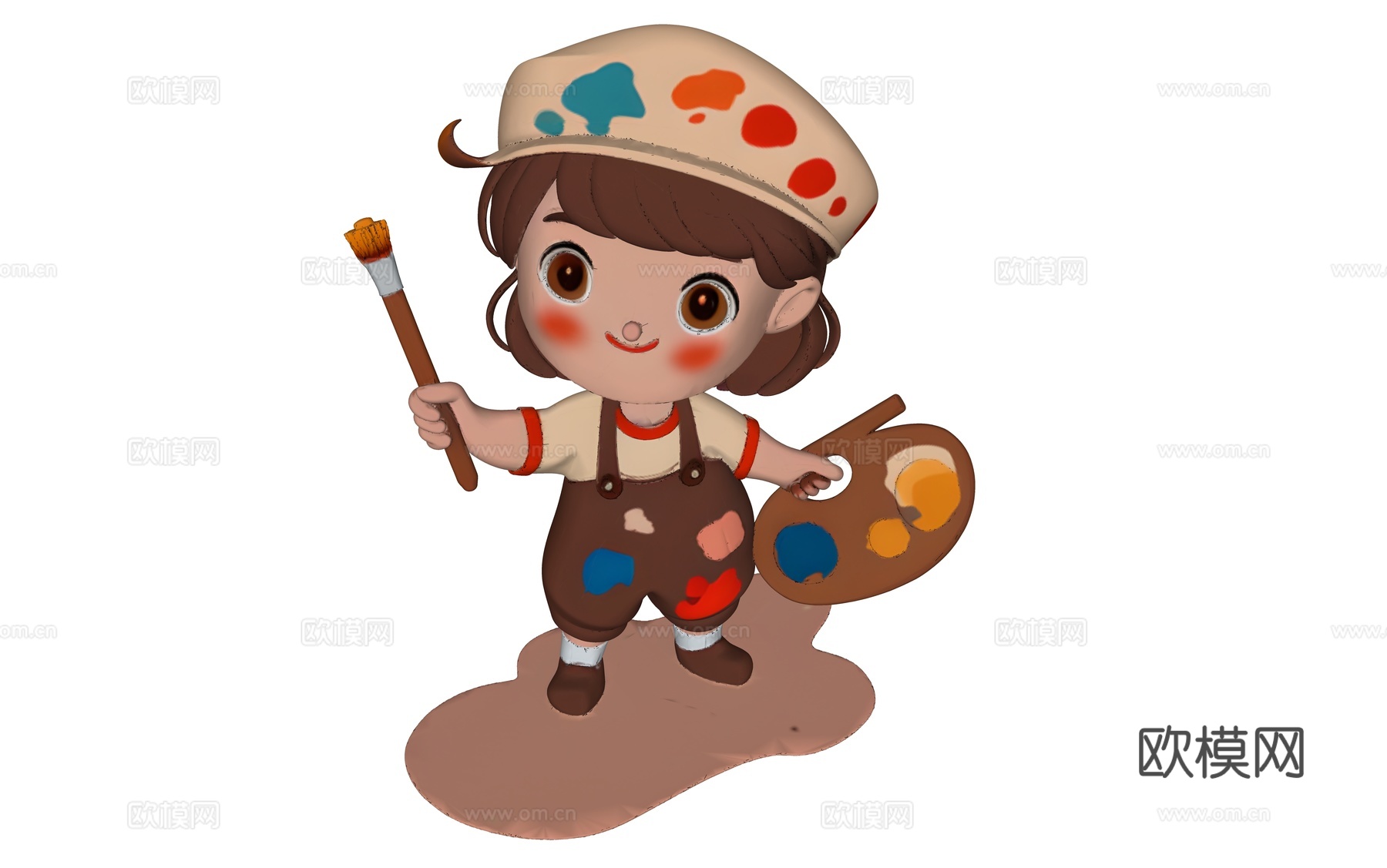 卡通手拿画笔调色盘的小女孩su模型