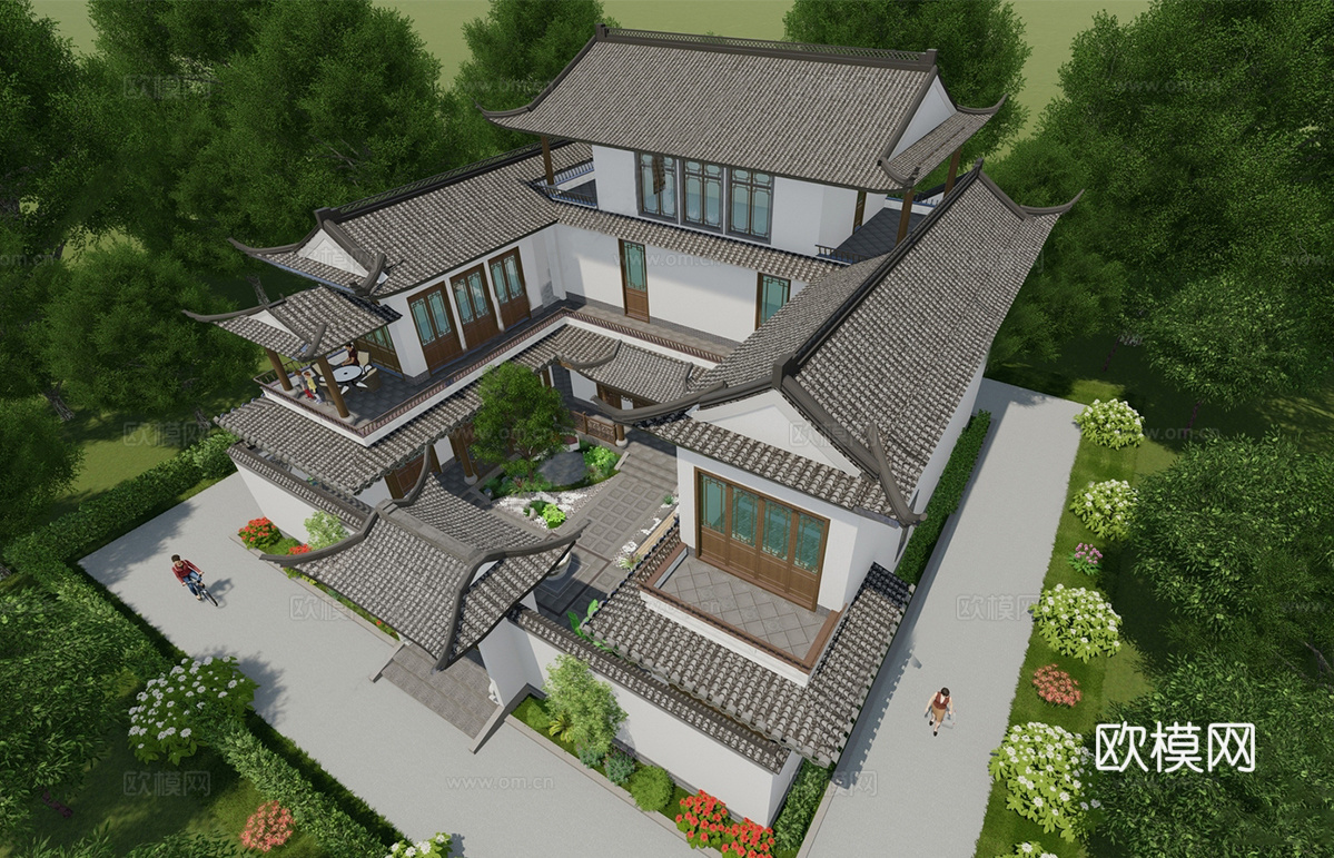 中式四合院 独栋别墅 庭院景观su模型