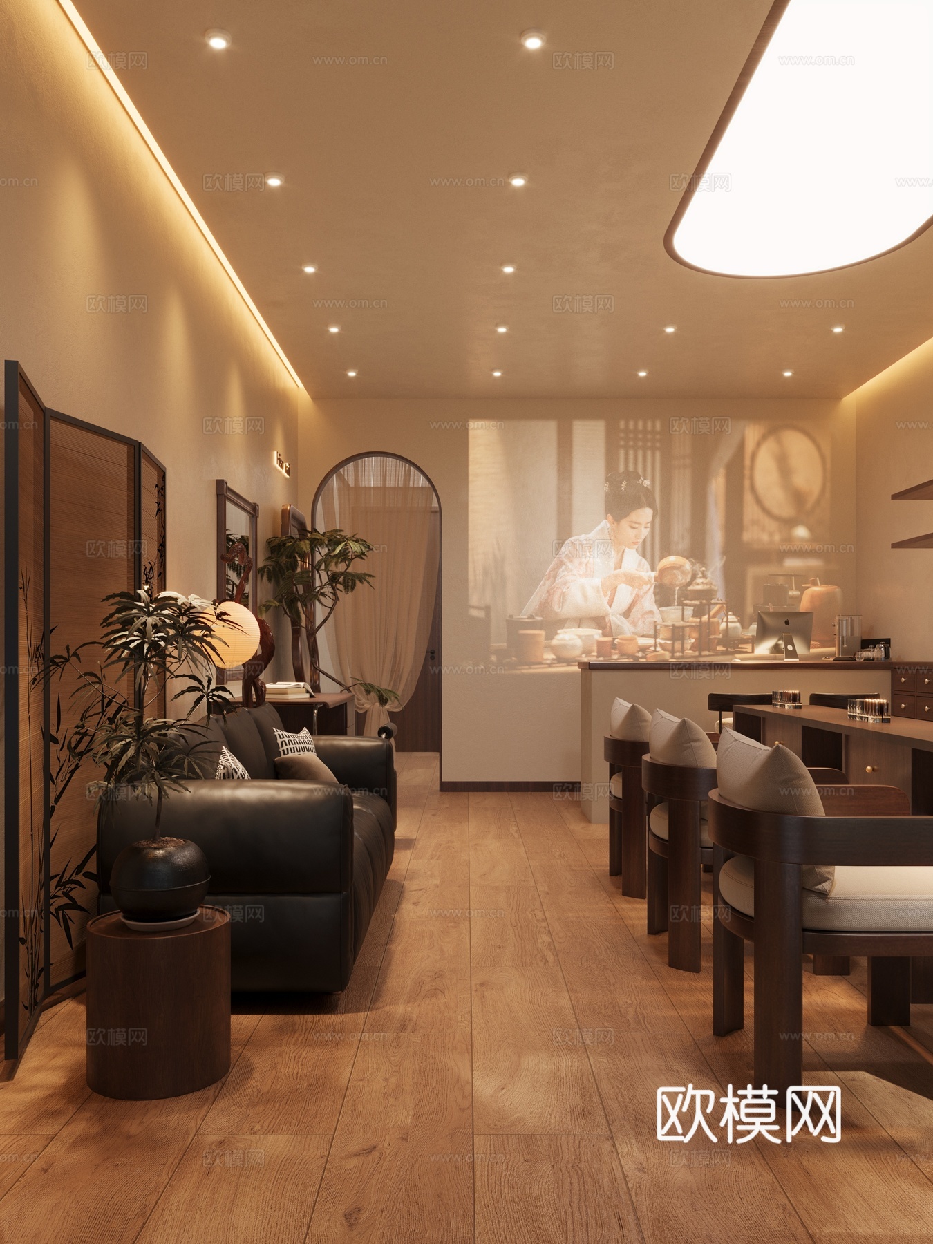 新中式中古美甲店新中式美甲店美甲桌全身镜3d模型下载（渲染图2）