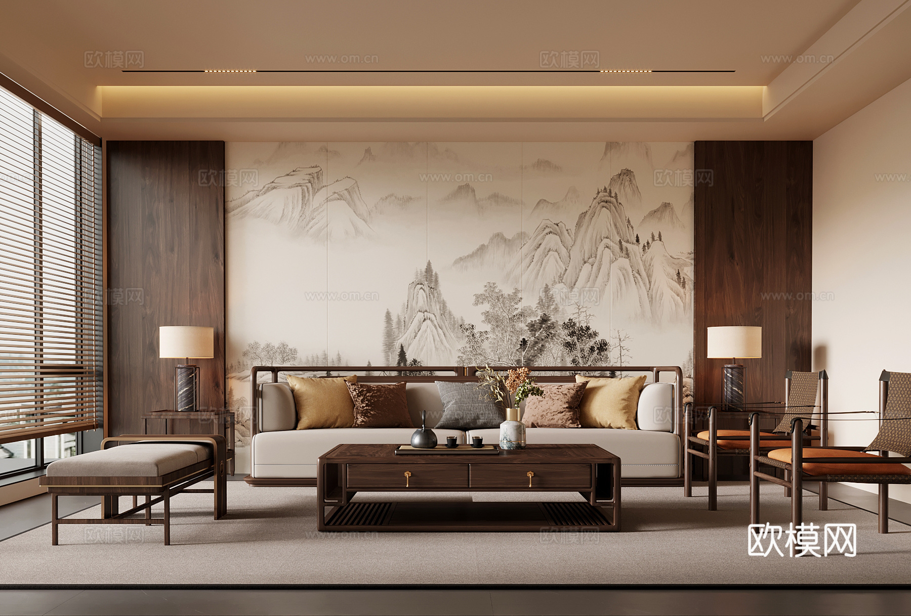 新中式客厅 沙发茶几组合 沙发背景墙su模型