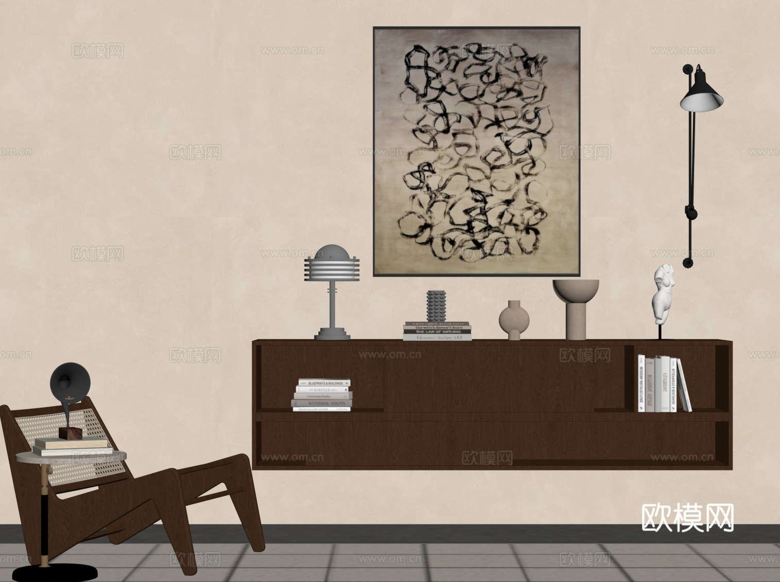 中古风玄关柜 休闲椅su模型