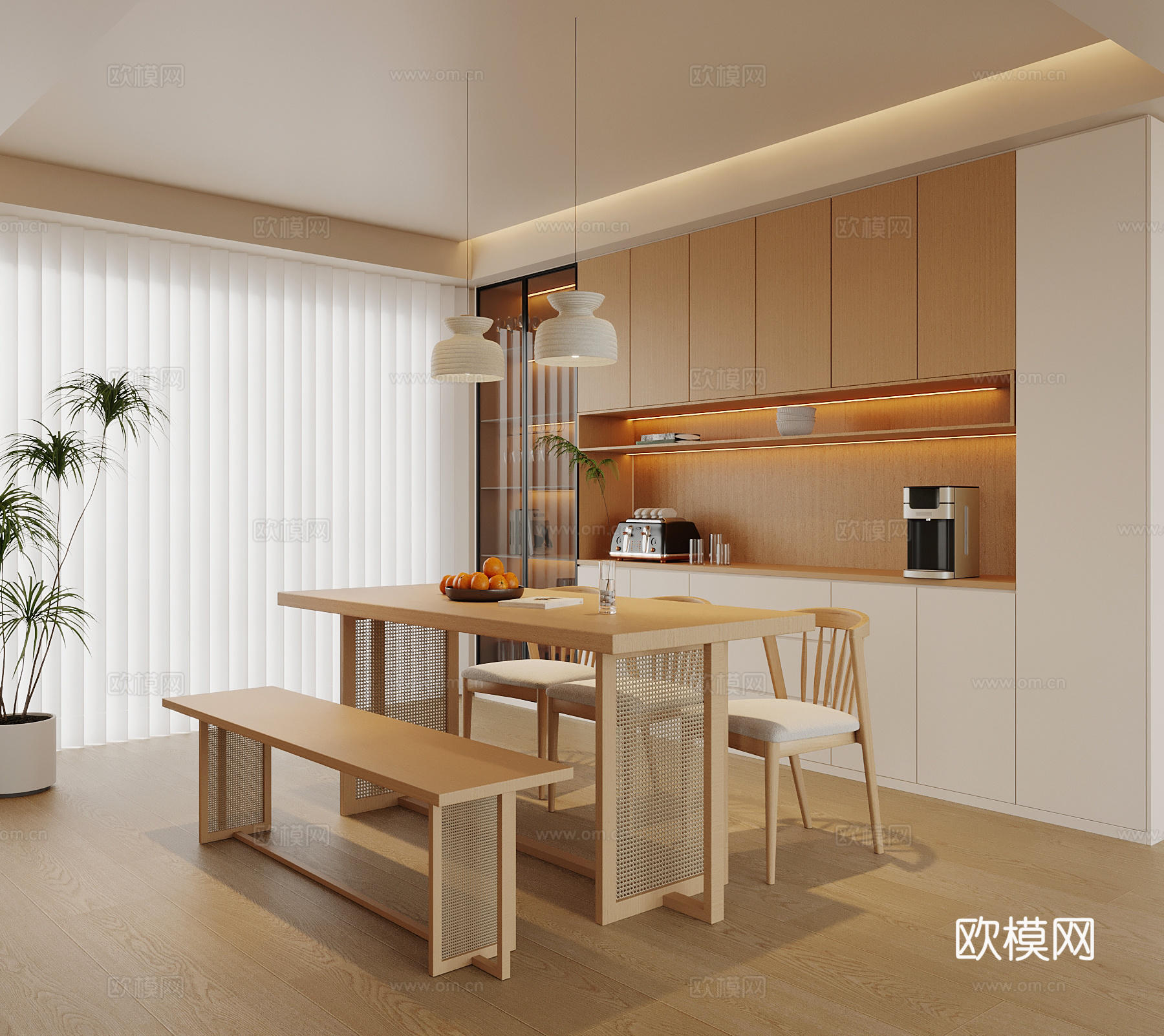 新中式餐厅 餐桌椅 酒柜su模型