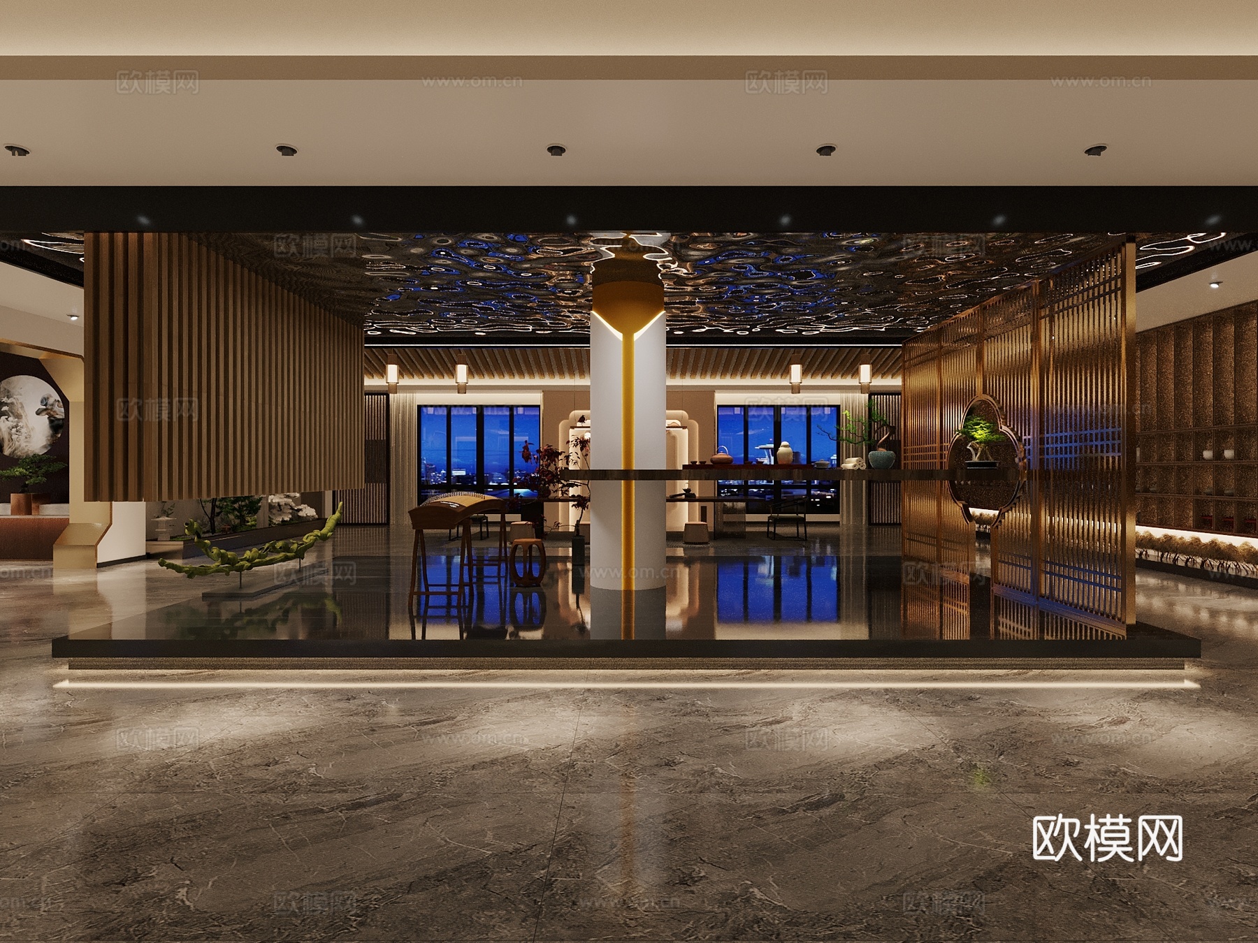 新中式茶具茶壶陶瓷展厅3d模型下载（渲染图2）