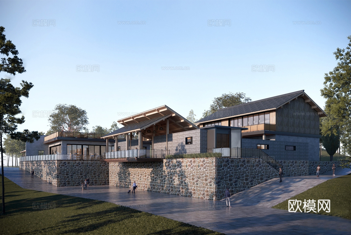 新中式乡村民宿建筑 斜顶su模型