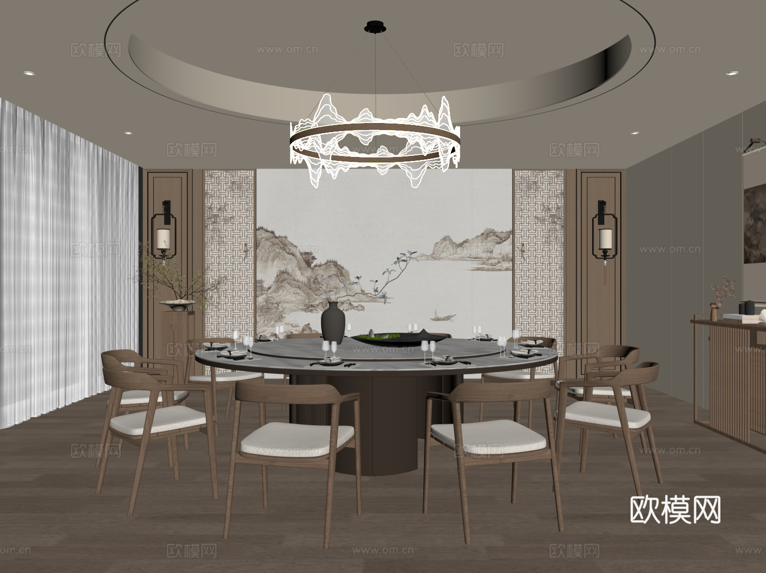新中式酒店餐厅包厢 包间su模型