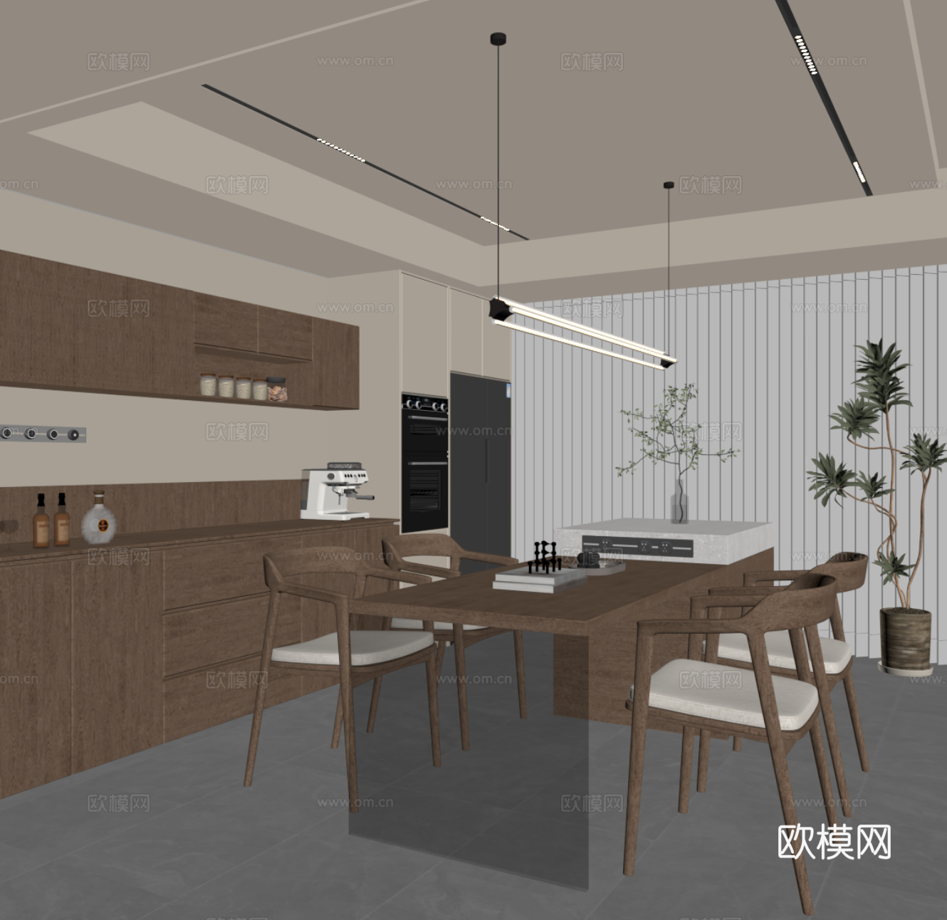 中古风餐厅 家具餐厅 餐桌椅 岛台 酒柜 餐边柜su模型