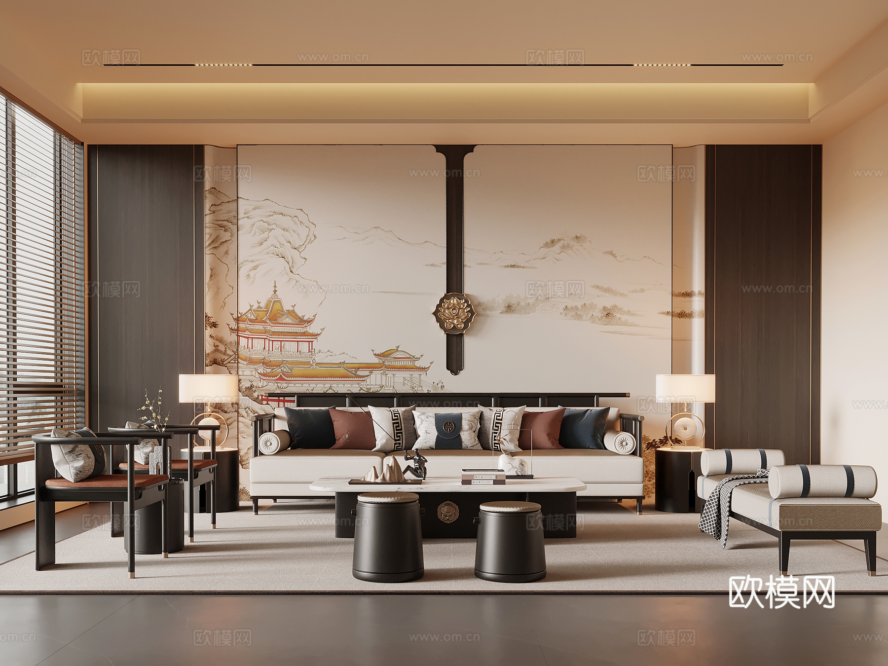 新中式客厅 沙发茶几组合 沙发背景墙su模型