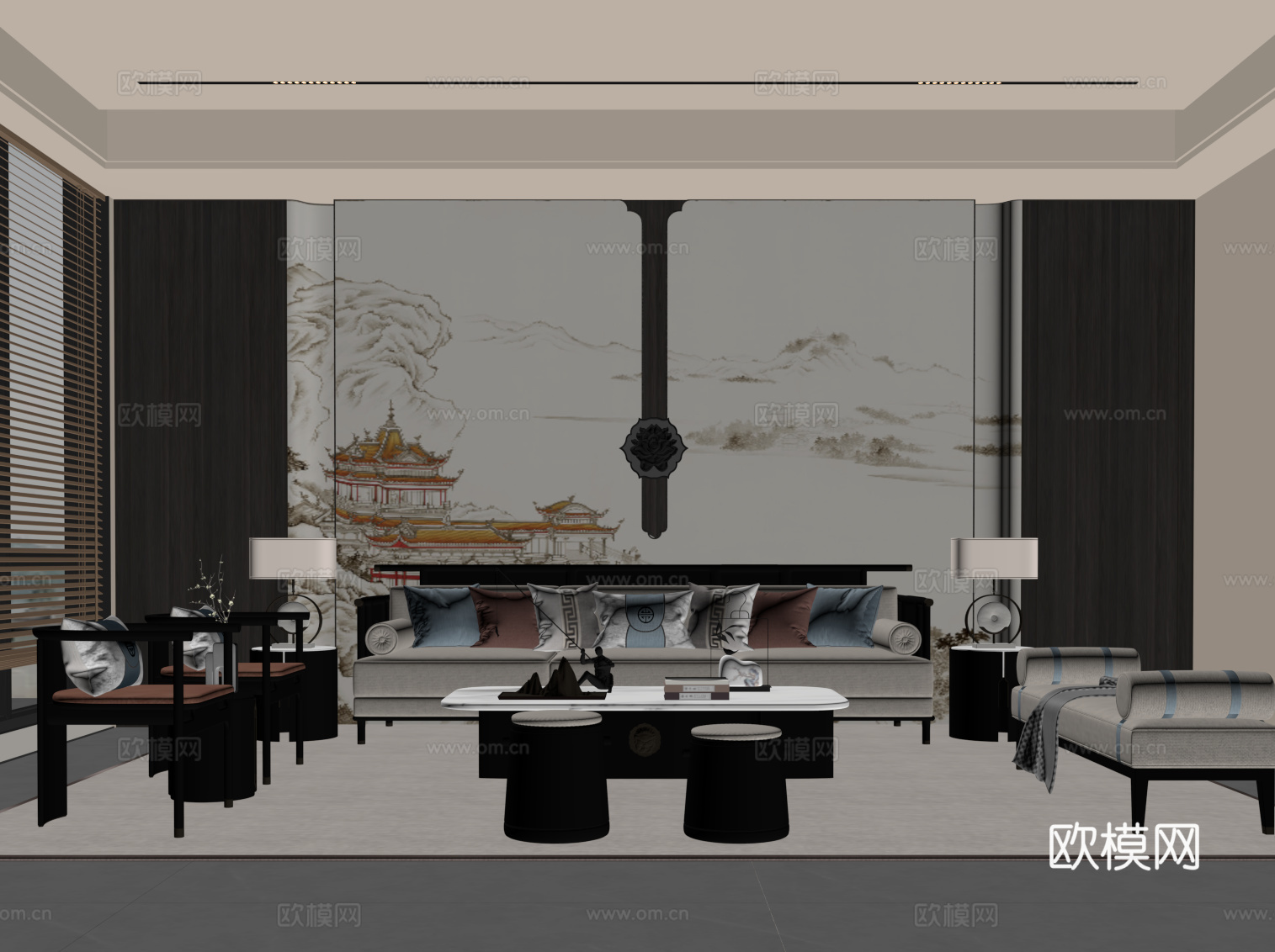 新中式客厅 沙发茶几组合 沙发背景墙su模型