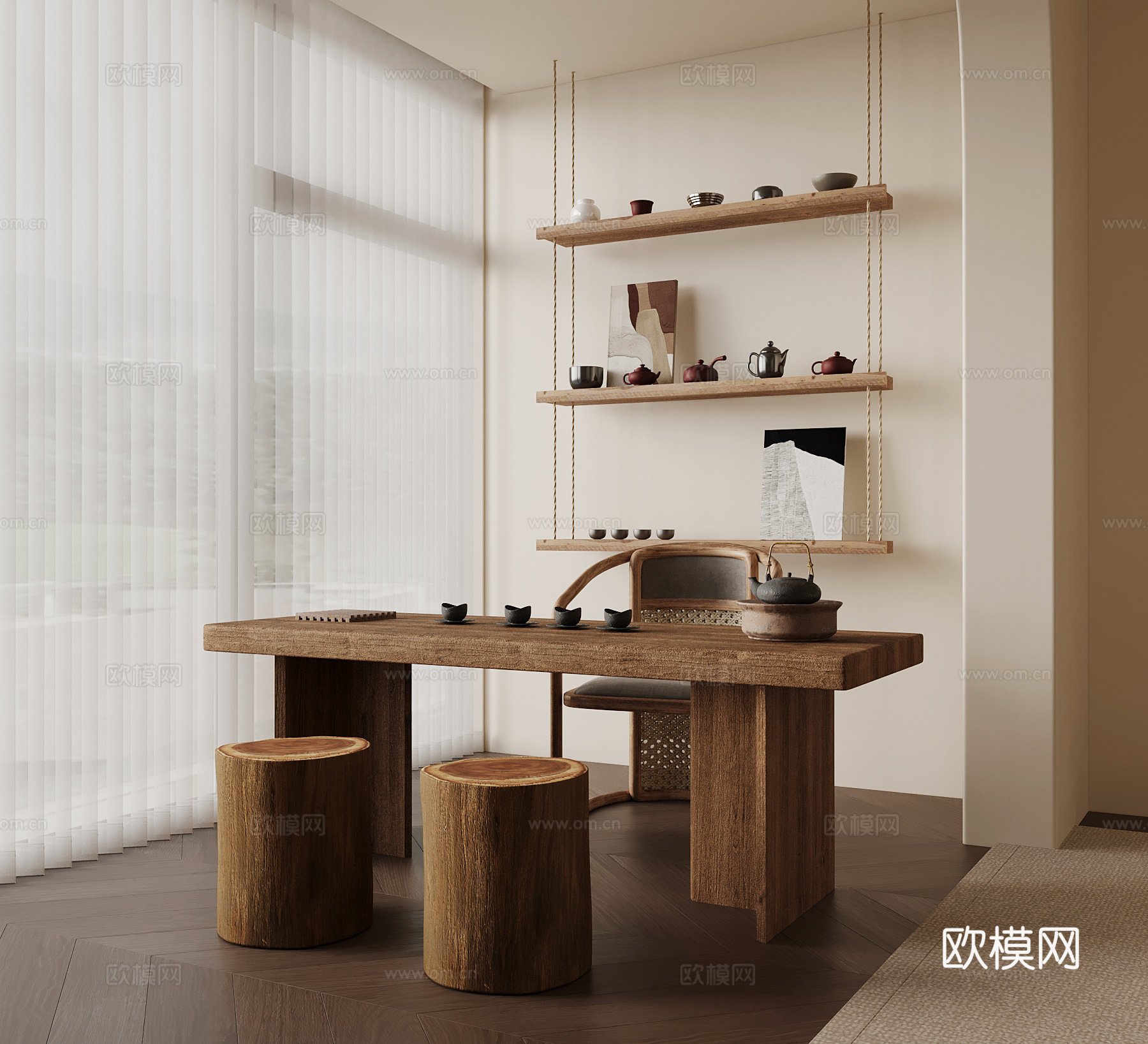 中古风茶室 茶桌椅 茶架su模型