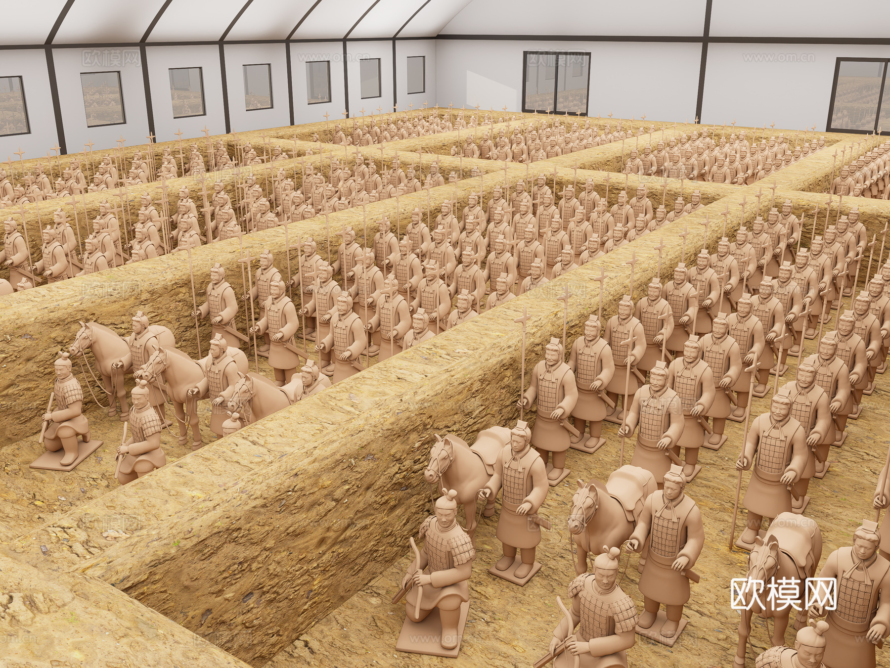 现代西安兵马俑 雕塑 秦始皇陵兵马俑 俑坑 古代雕塑小品su模型su模型