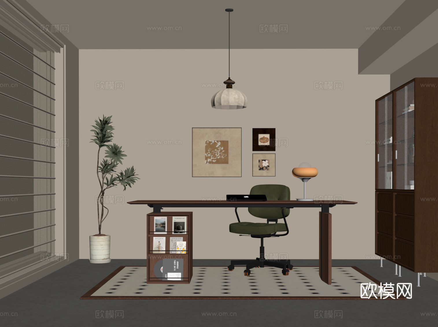 中古风书房 书柜 书桌椅su模型