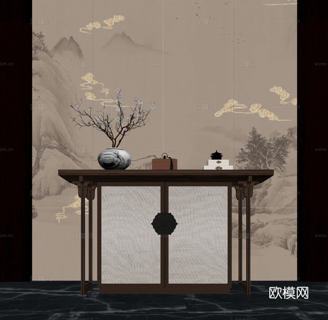 新中式端景柜 玄关su模型
