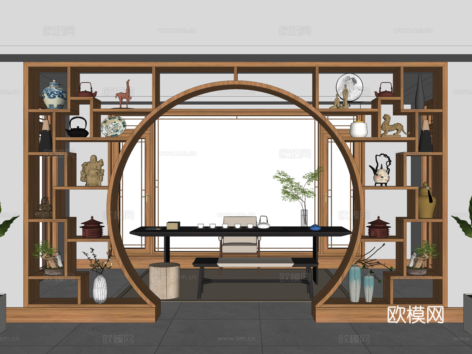 新中式博古架 中式月亮门博古架 多宝阁 古董装饰架 隔断装饰3d模型