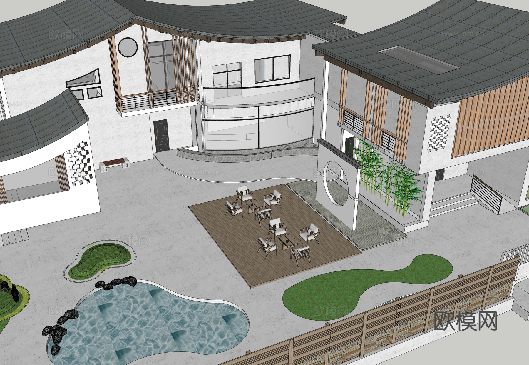 新中式酒店建筑  乡村民宿su模型