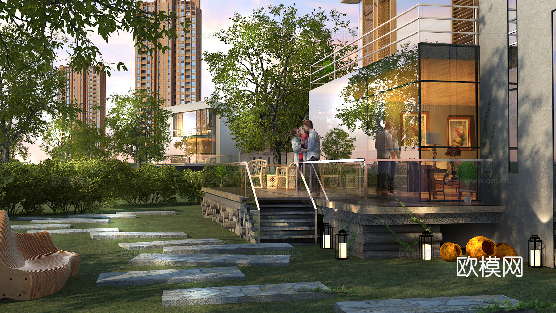 现代室外别墅 建筑物 草坪 地灯3d模型下载（渲染图2）