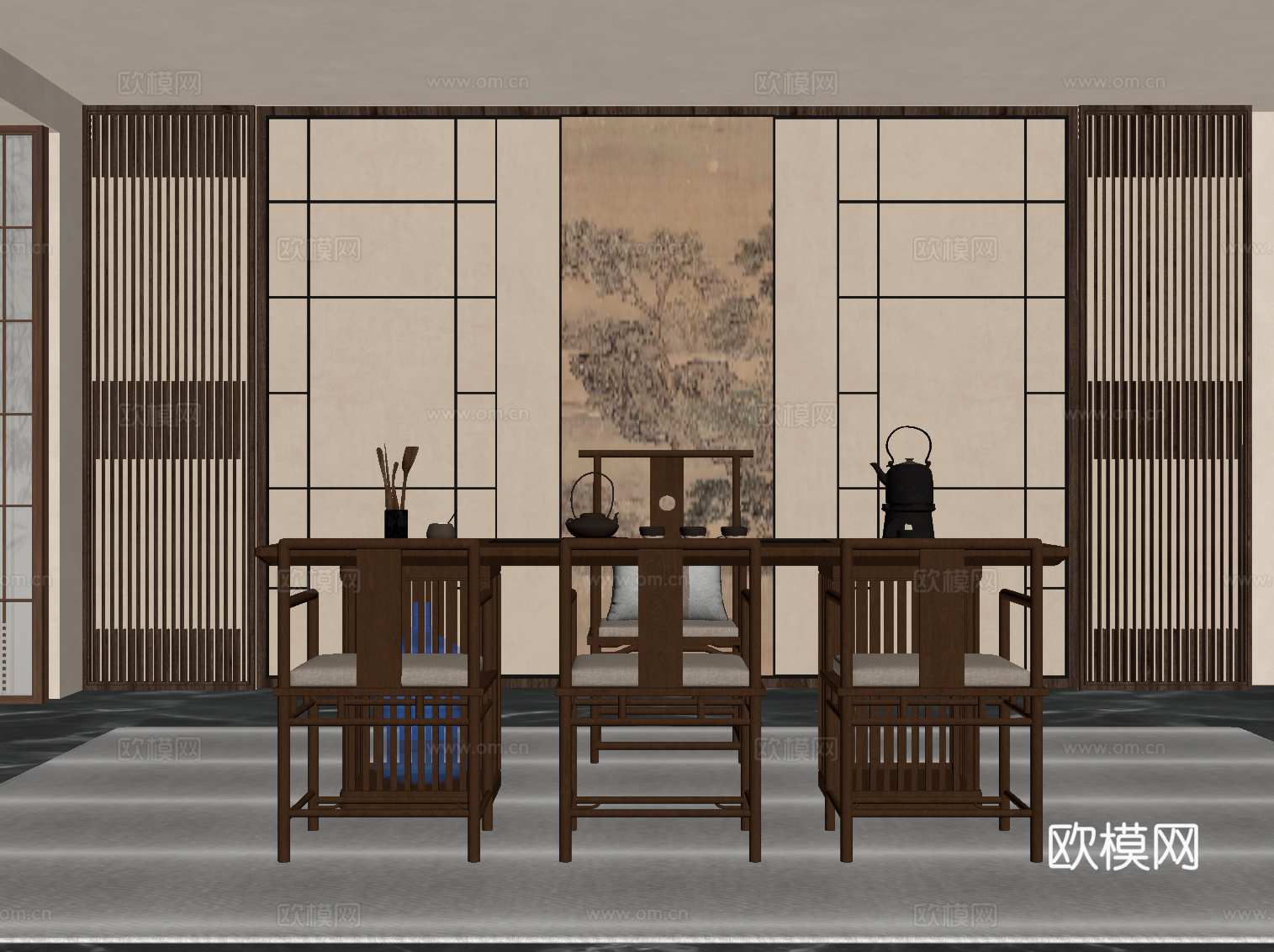 新中式茶室 茶桌椅 茶台 背景墙su模型