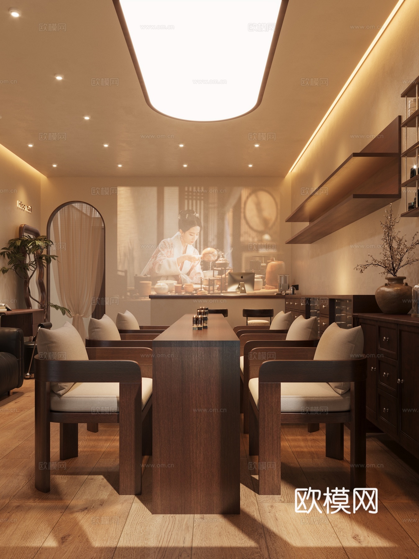 新中式中古美甲店新中式美甲店美甲桌全身镜3d模型下载（渲染图1）