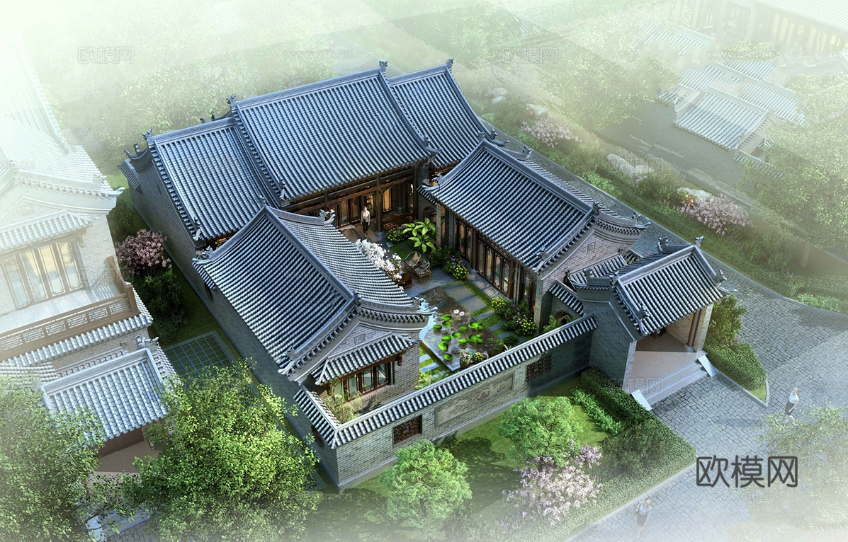 中式四合院  庭院景观 四合院建筑su模型