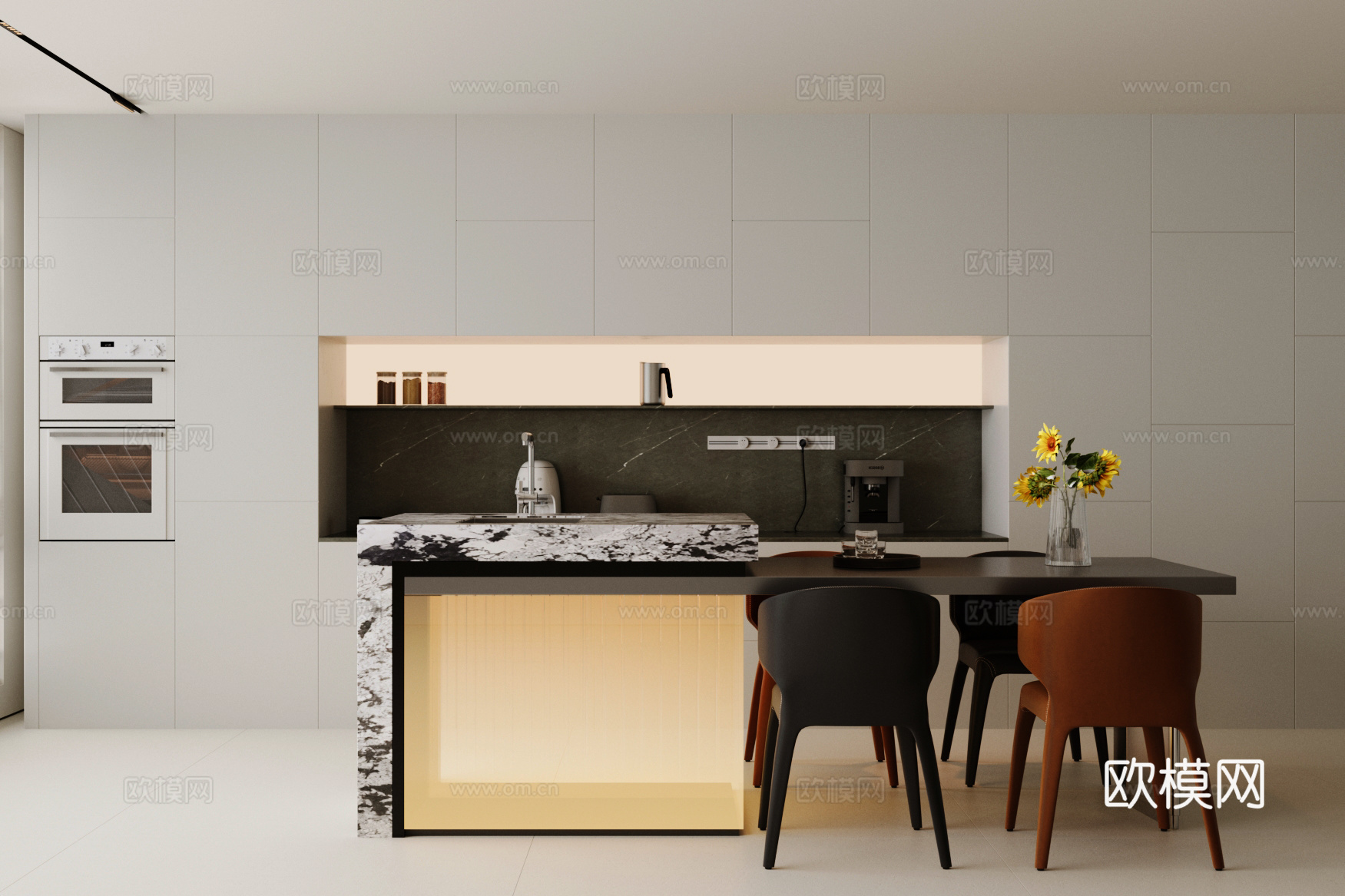 现代意式岛台餐厅 轻奢意式餐厅 开放式餐厅 岛台餐桌椅3d模型下载