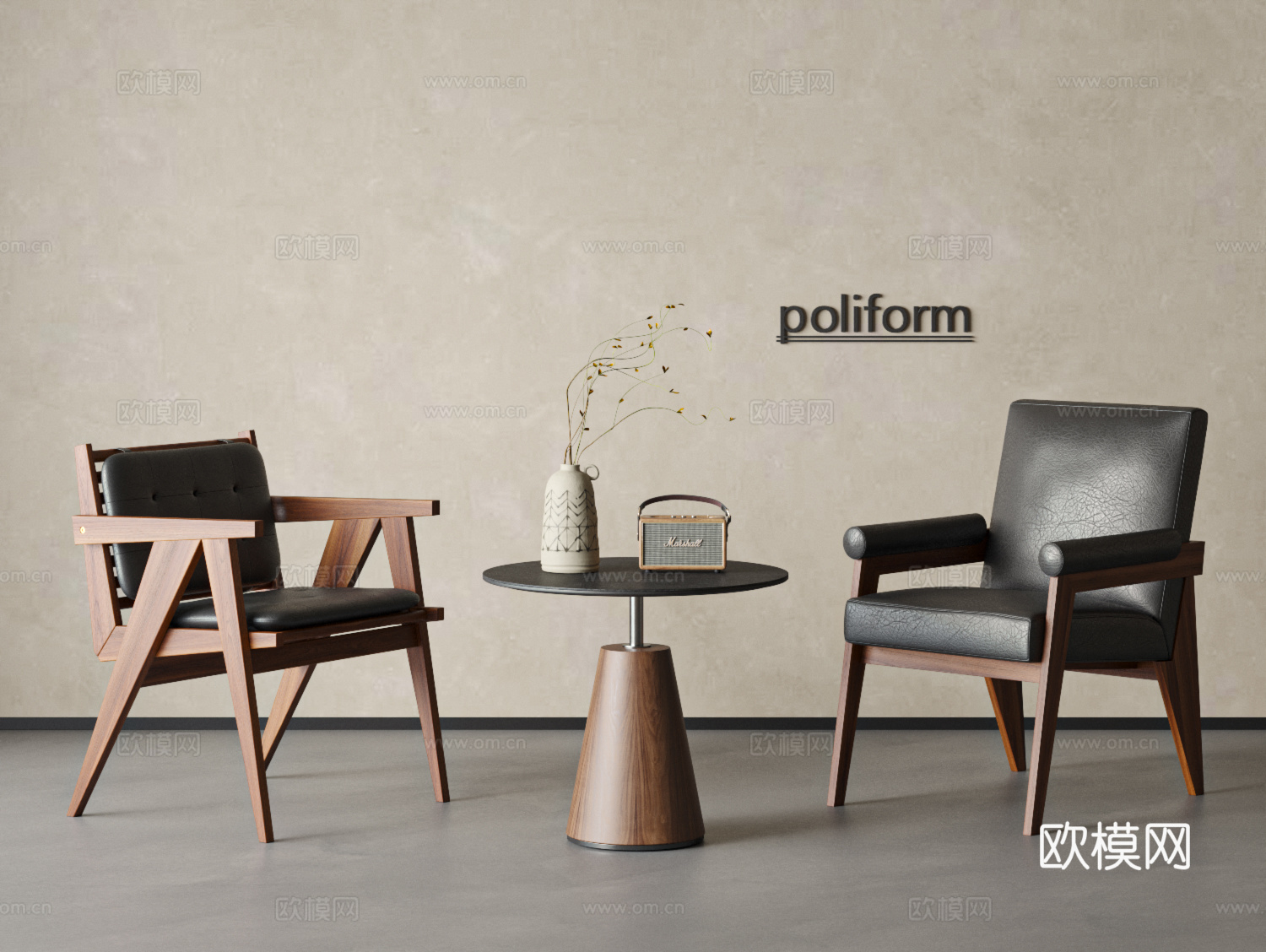 侘寂中古风休闲桌椅组合 休闲椅 单椅 圆桌 摆件3d模型下载