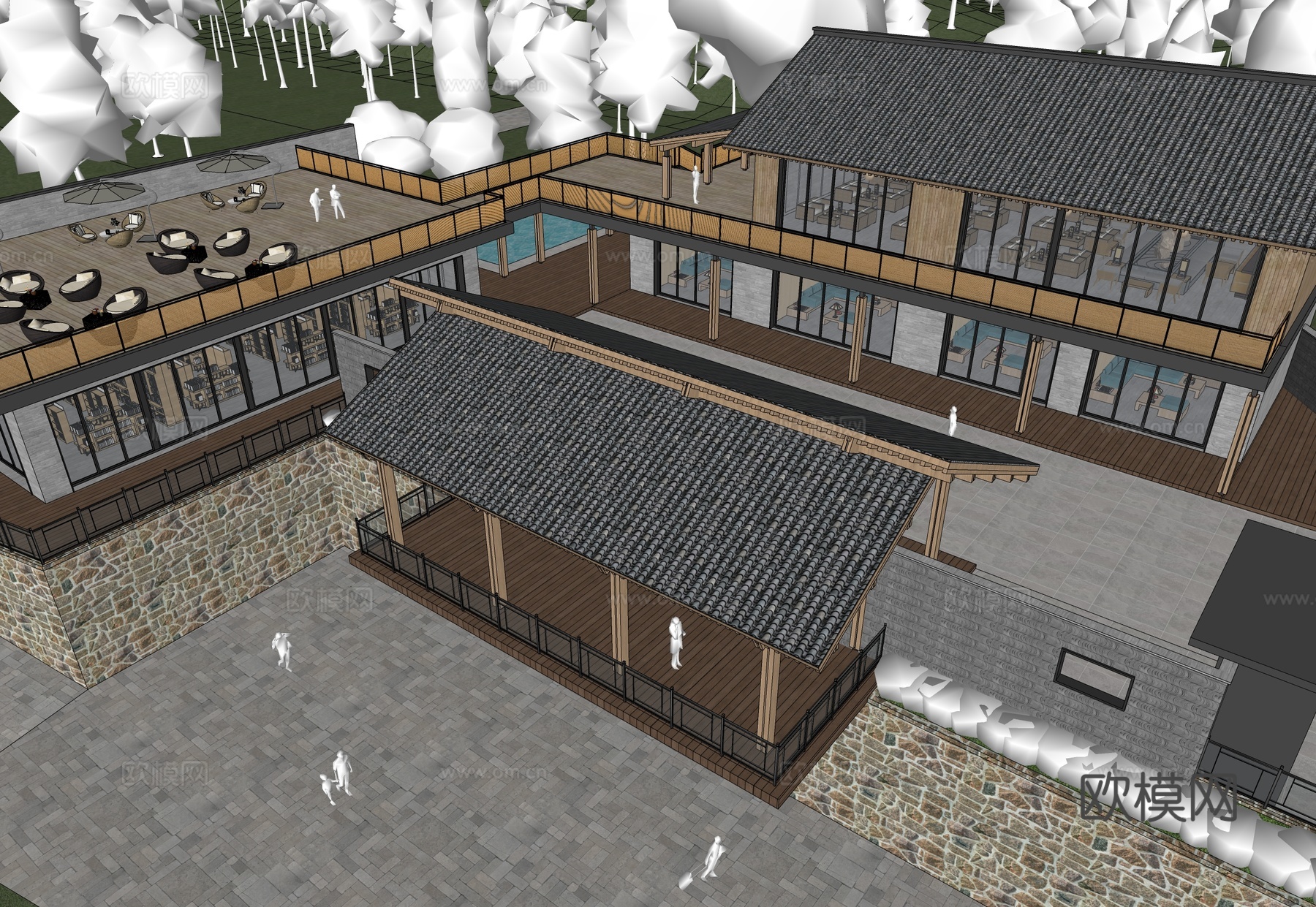 新中式乡村民宿建筑 斜顶su模型