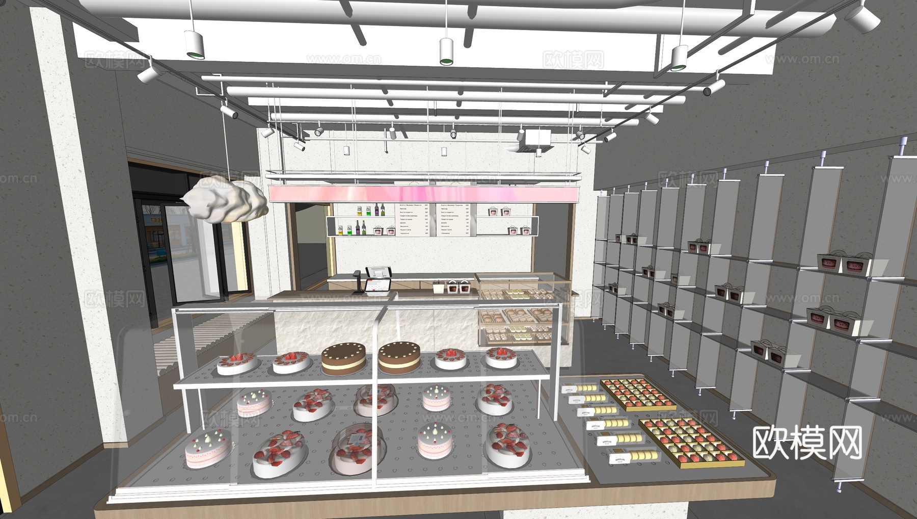 蛋糕店烘培店 甜品糕点面包店 面包展示架 休闲吧台卡座 蛋糕su模型