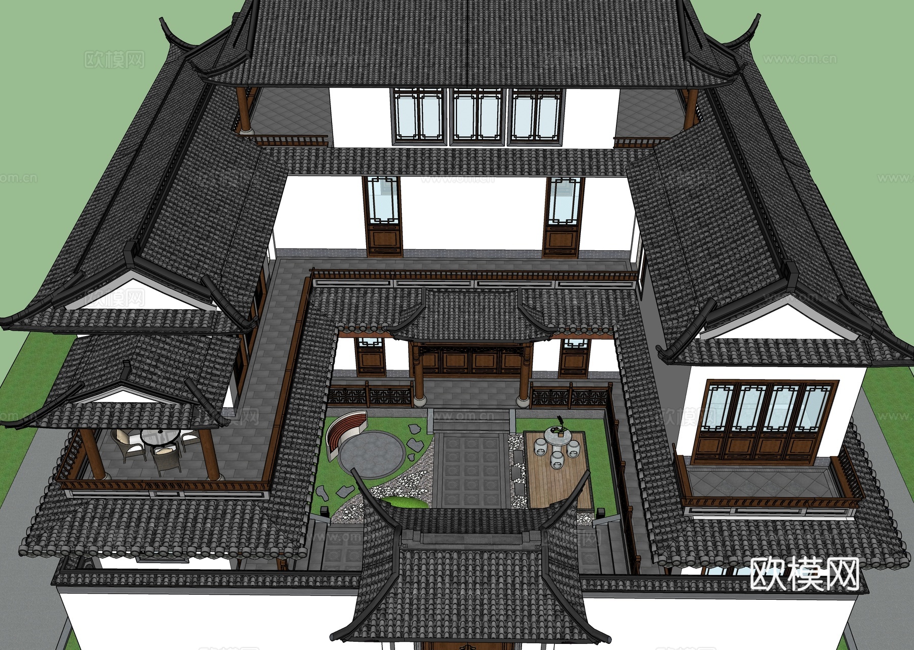 中式四合院 独栋别墅 庭院景观su模型