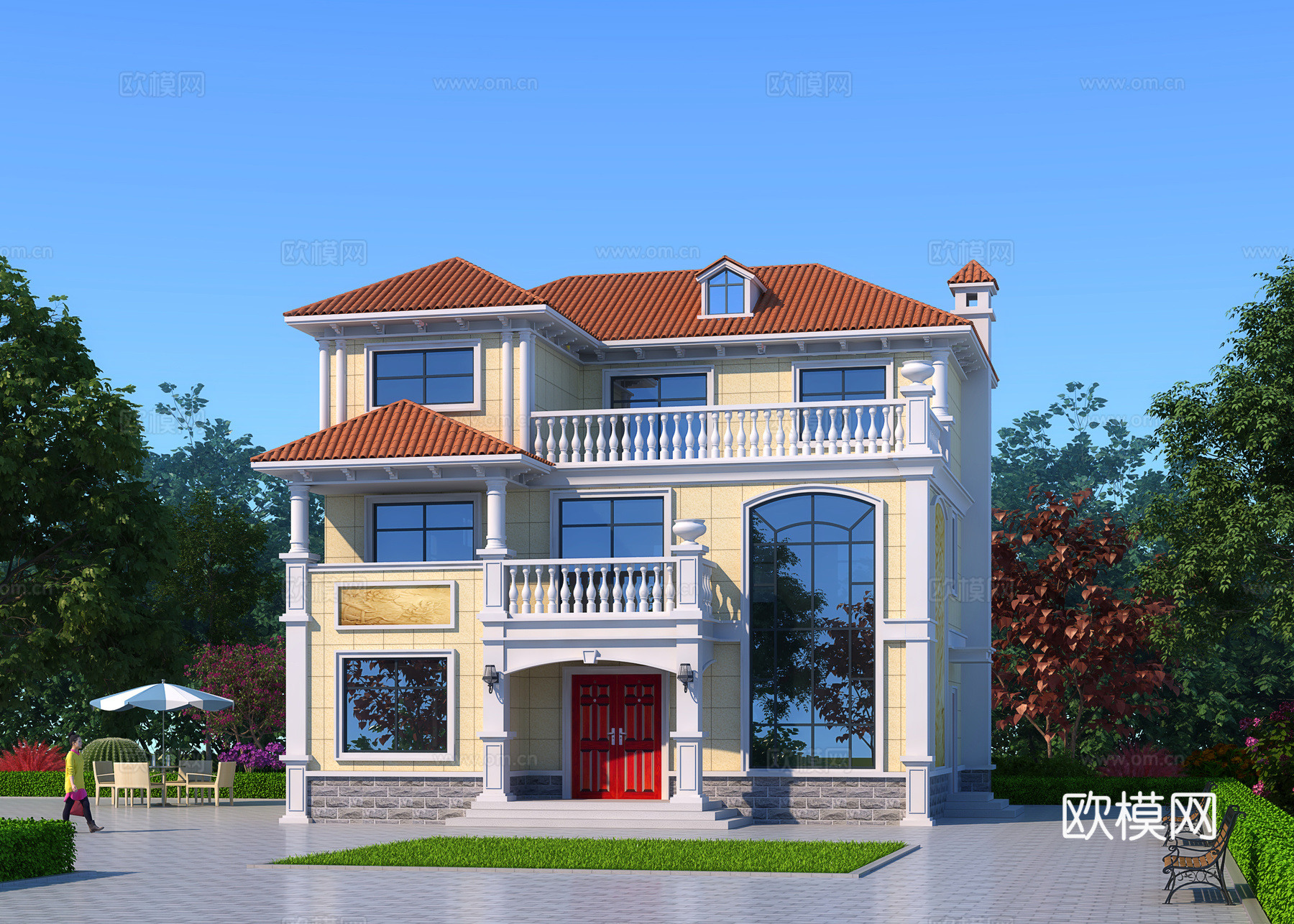 简欧别墅建筑外观，休闲桌椅汽车人物3d模型下载