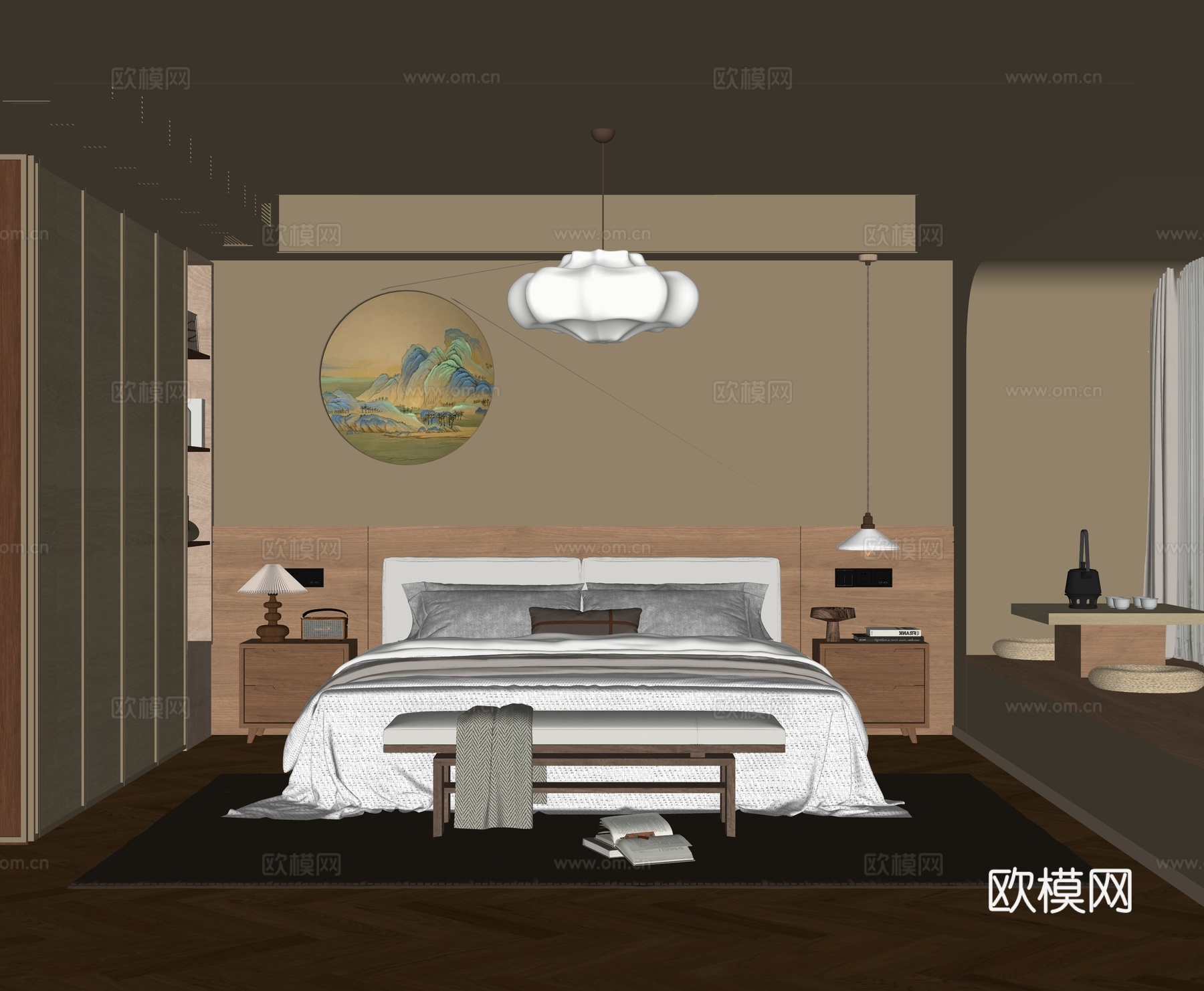 中古风卧室 双人床 吊灯su模型