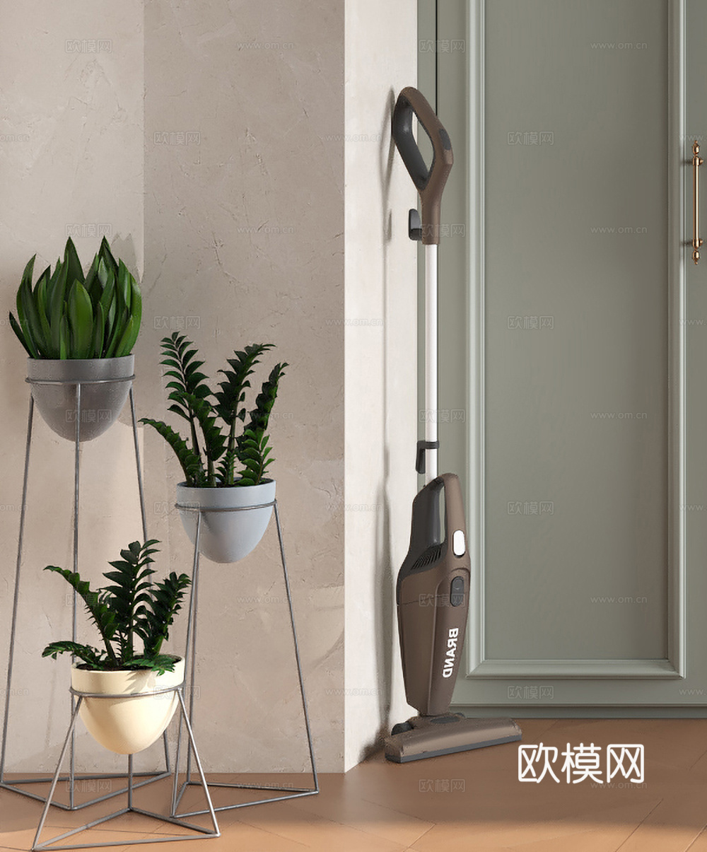 现代阳台盆栽组合 洗地机铁艺小绿植 植物架花卉架 米色墙面瓷3d模型下载（渲染图1）