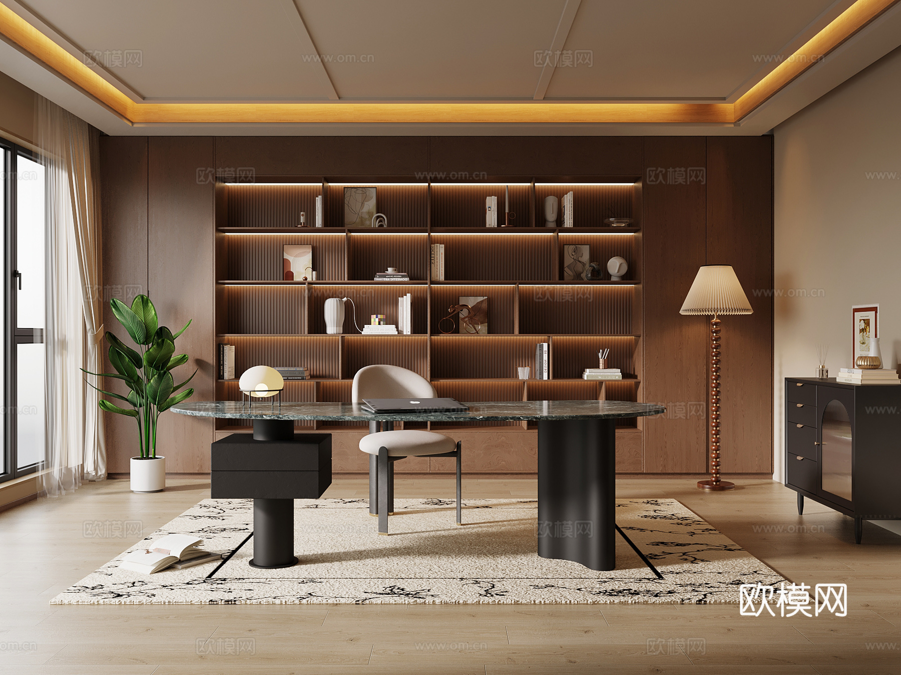 中古风书房 书桌椅 书柜su模型