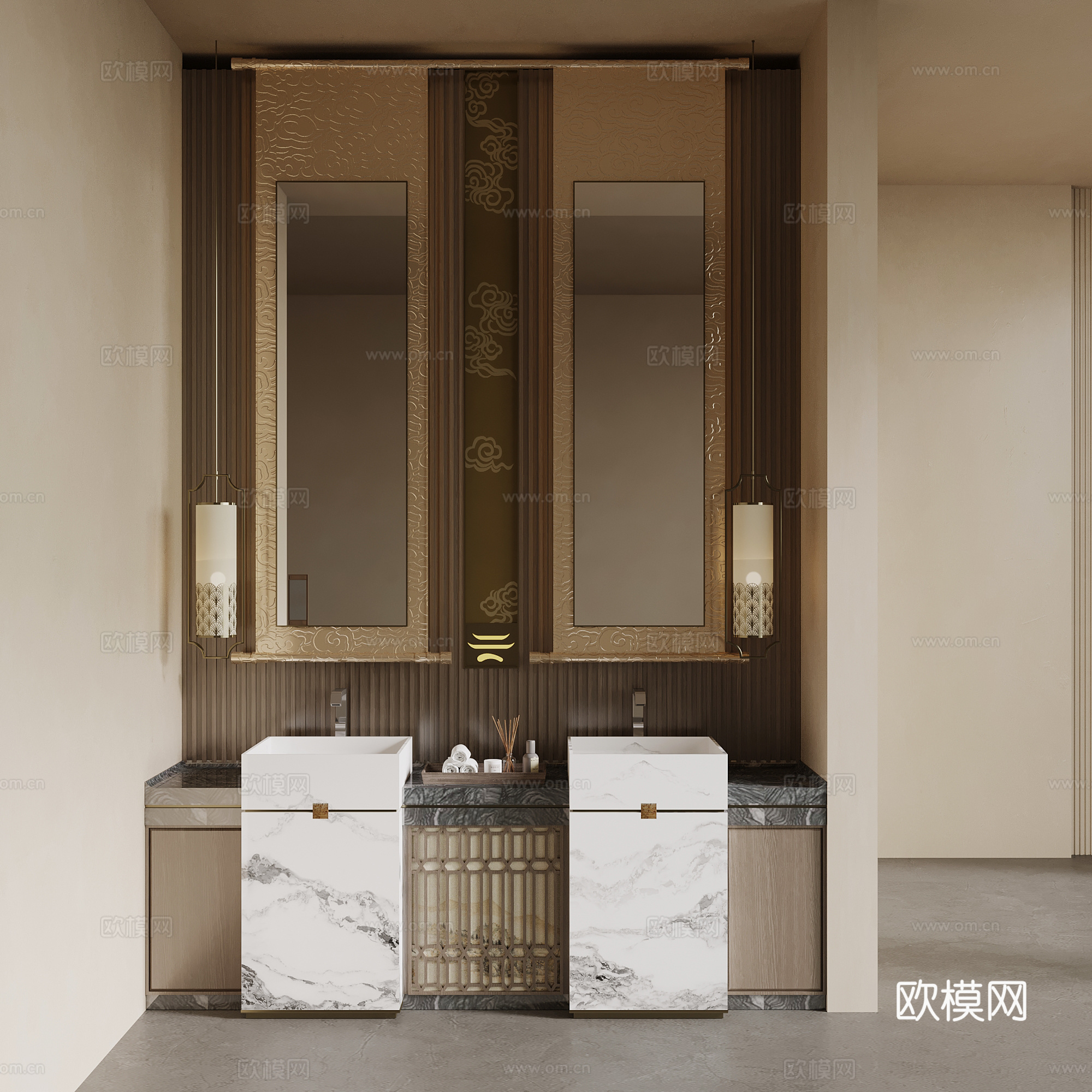 新中式干湿分离卫生间 洗手台su模型