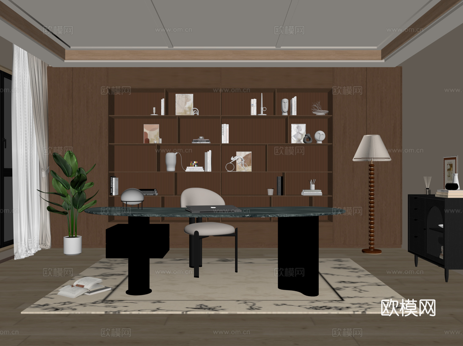 中古风书房 书桌椅 书柜su模型