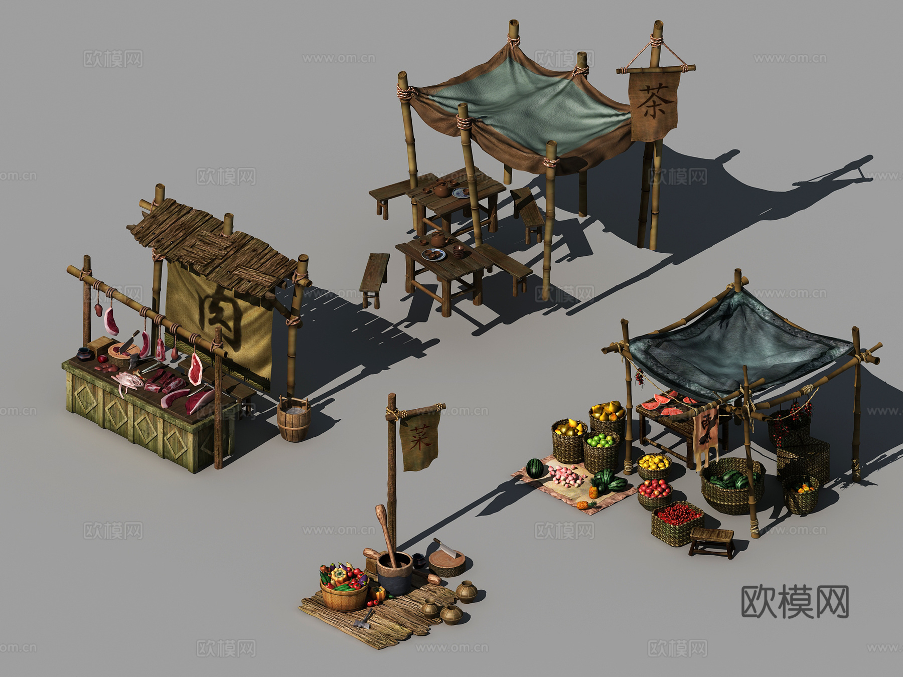 中式摊位 肉摊 茶摊 西瓜摊位 菜摊位 水果 猪肉挂肉架3d模型下载