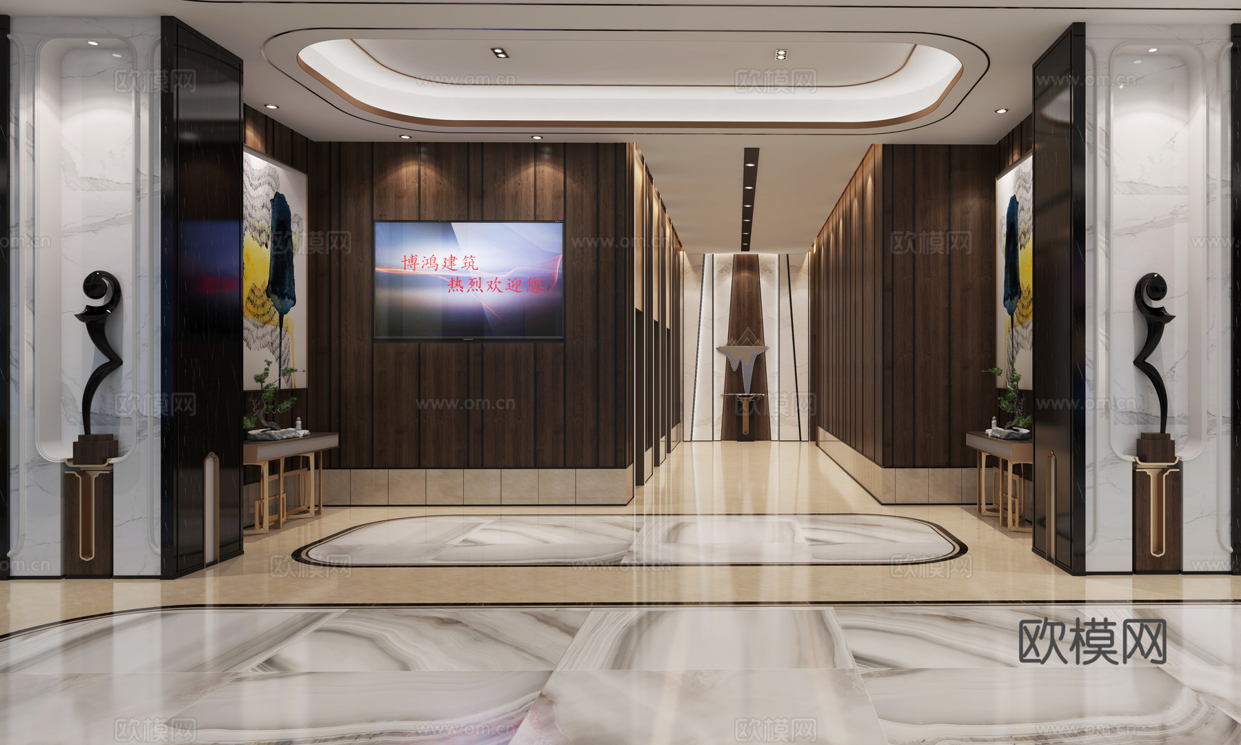 新中式大堂电梯间过道3d模型下载