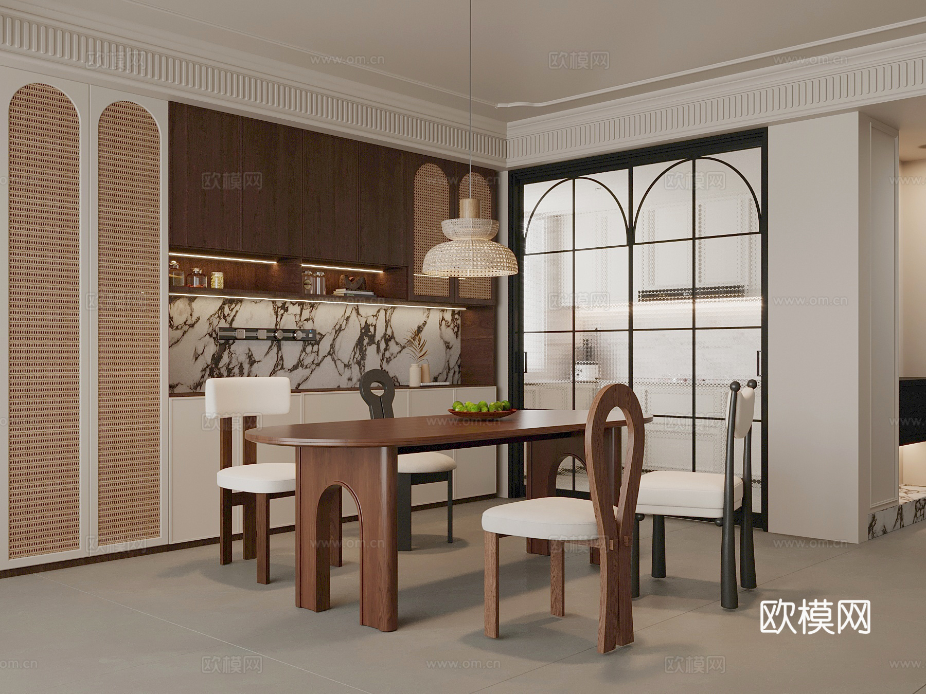 中古风餐厅 餐桌椅 餐边柜3d模型下载