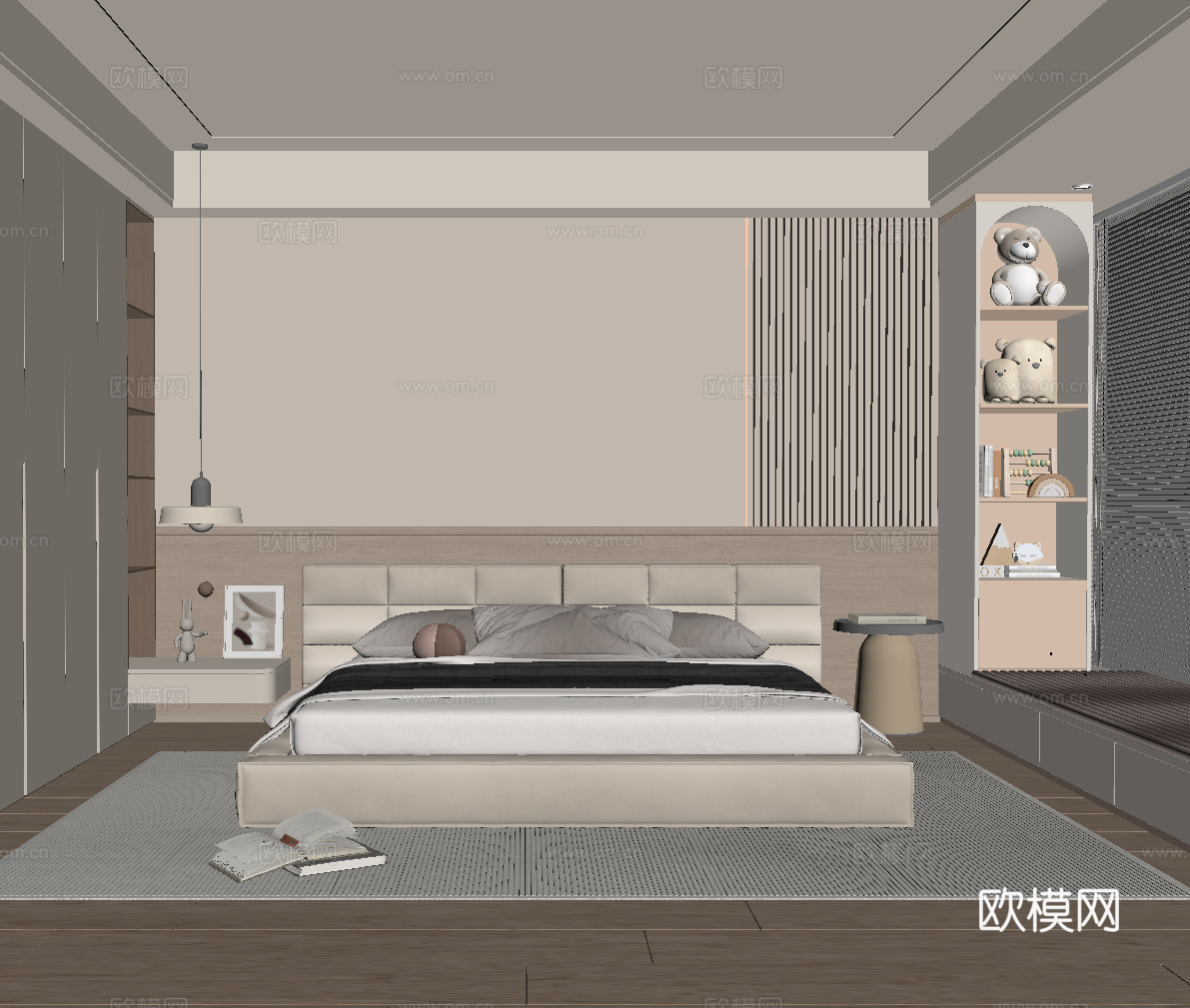 现代奶油风卧室 双人床 衣柜 飘窗su模型